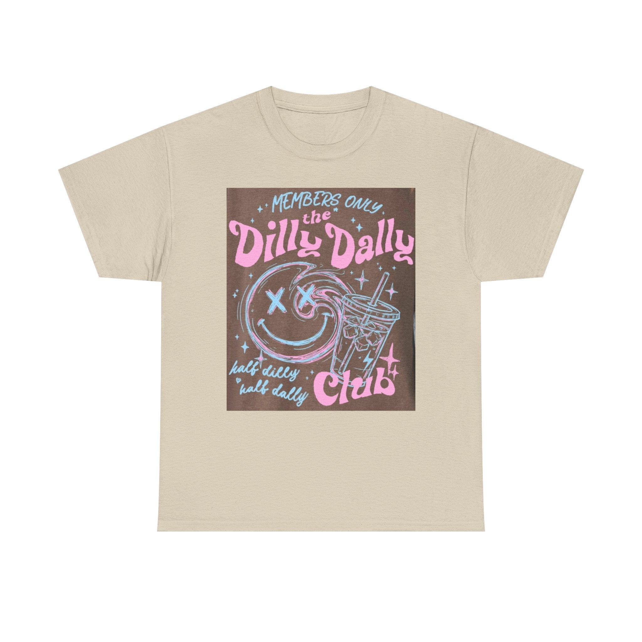 Dilly Dally Club Graphic Tee — Retro Pastel Drink & Moon Design