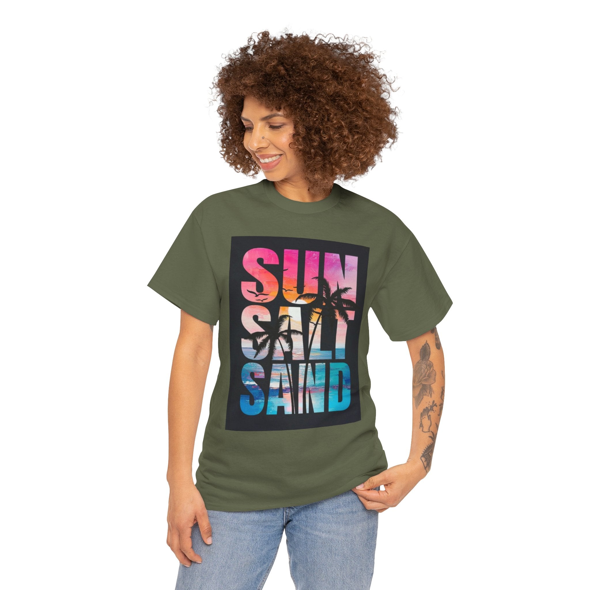 Sun Salt Sand Beach T-Shirt — Tropical Palm Sunset Graphic Tee
