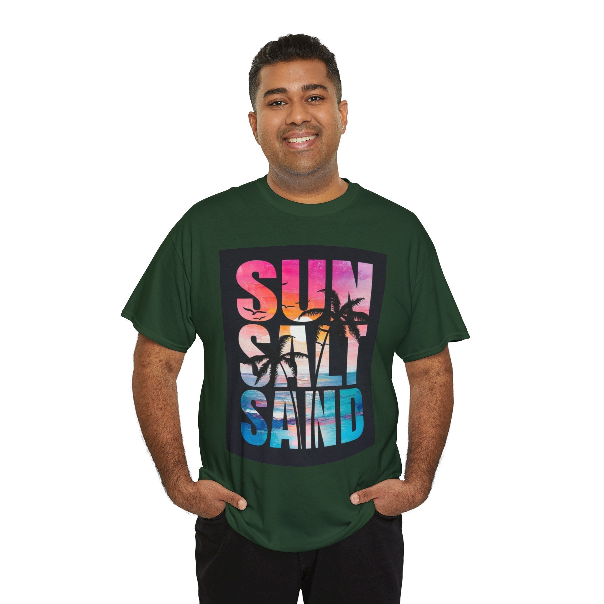 Sun Salt Sand Beach T-Shirt — Tropical Palm Sunset Graphic Tee