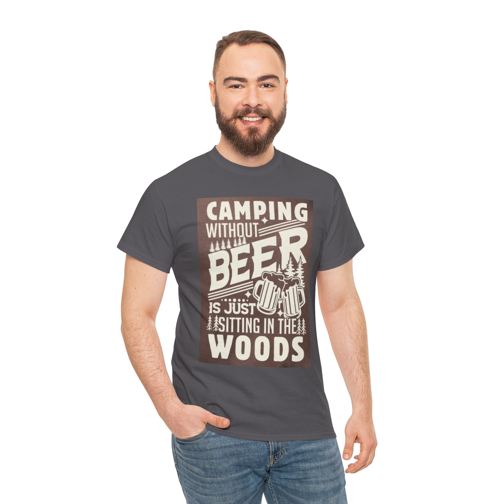 Camping Beer T-Shirt — "Camping Without Beer Is Just Sitting in the Woods" Outdoor Campfire Tee