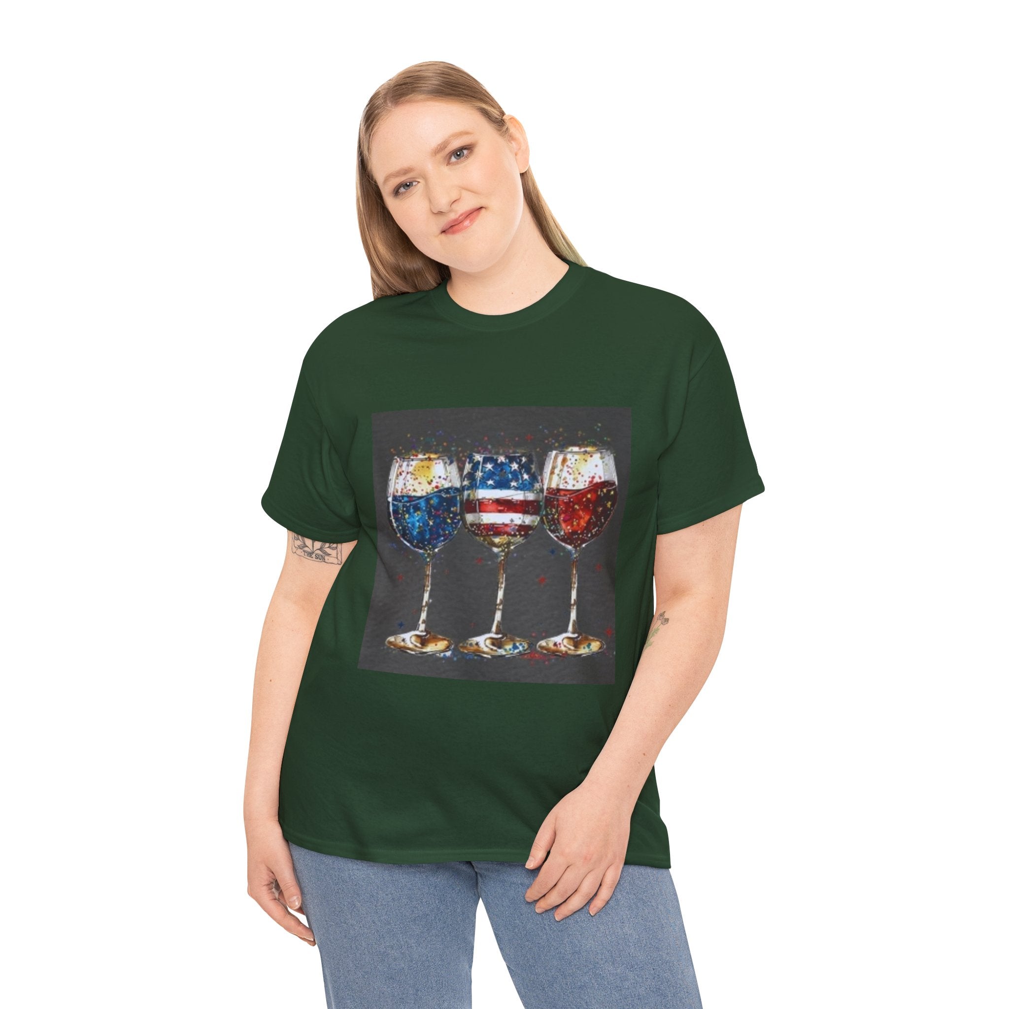 Wine Glasses with American Flag Design Tee