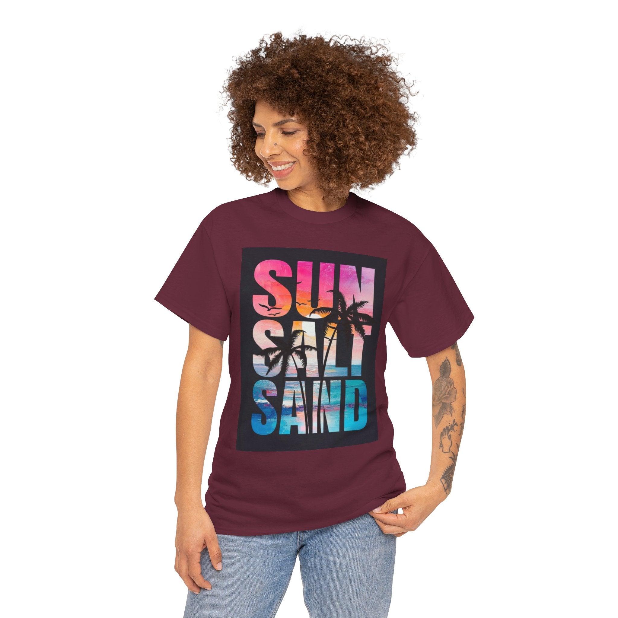 Sun Salt Sand Beach T-Shirt — Tropical Palm Sunset Graphic Tee