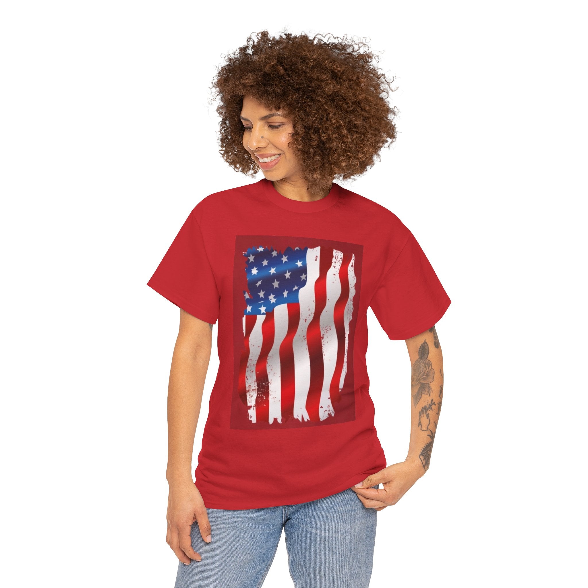 American Flag Graphic Tee — Distressed Wavy Stars & Stripes