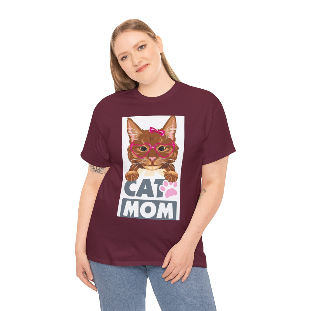 Cat Mom T-Shirt — Cute Cat Face Graphic Tee with "CAT MOM" Paw Print