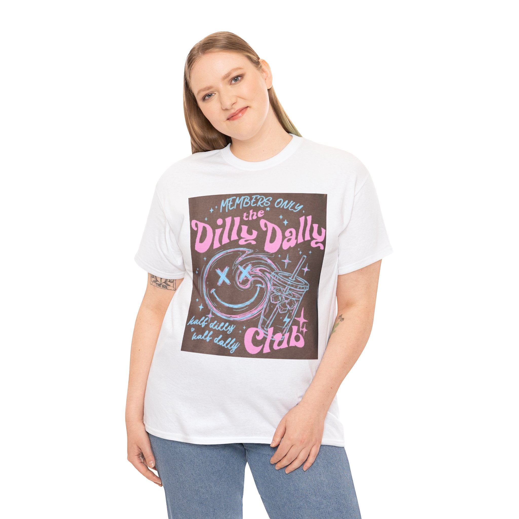 Dilly Dally Club Graphic Tee — Retro Pastel Drink & Moon Design