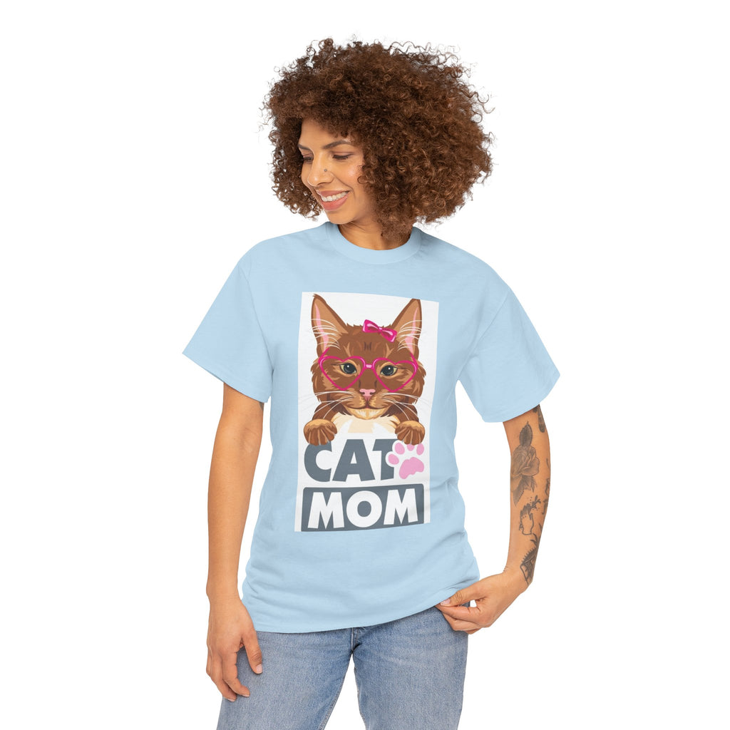 Cat Mom T-Shirt — Cute Cat Face Graphic Tee with "CAT MOM" Paw Print