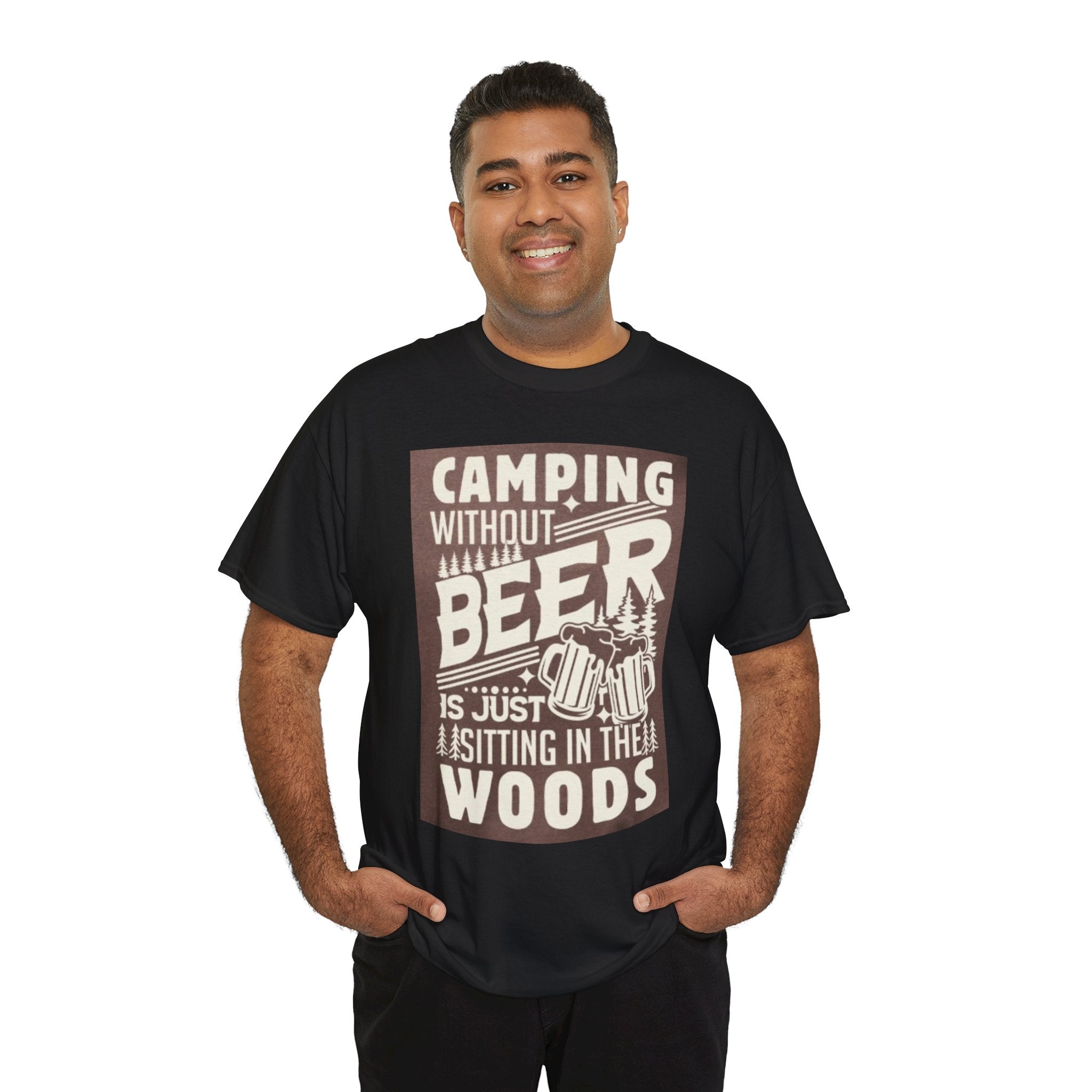 Camping Beer T-Shirt — "Camping Without Beer Is Just Sitting in the Woods" Outdoor Campfire Tee