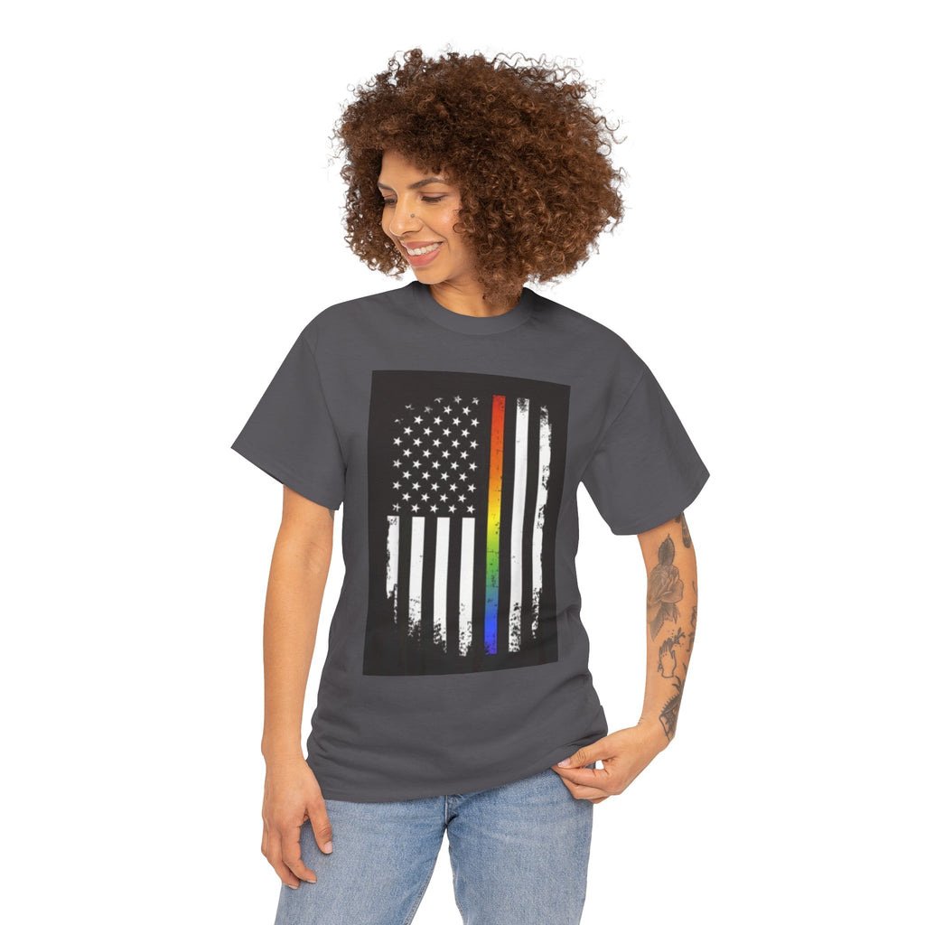 LGBTQ+ Pride Flag T‑Shirt — Distressed American Flag with Rainbow Stripe
