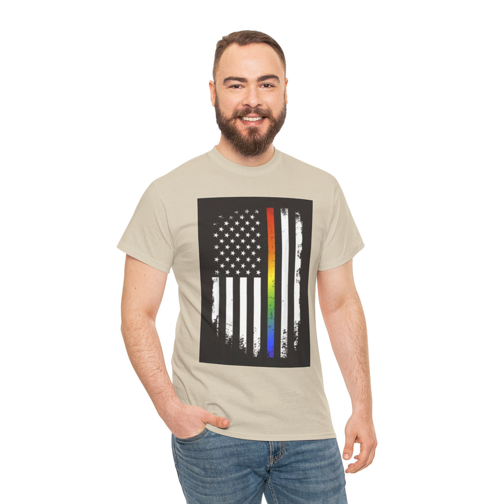 LGBTQ+ Pride Flag T‑Shirt — Distressed American Flag with Rainbow Stripe
