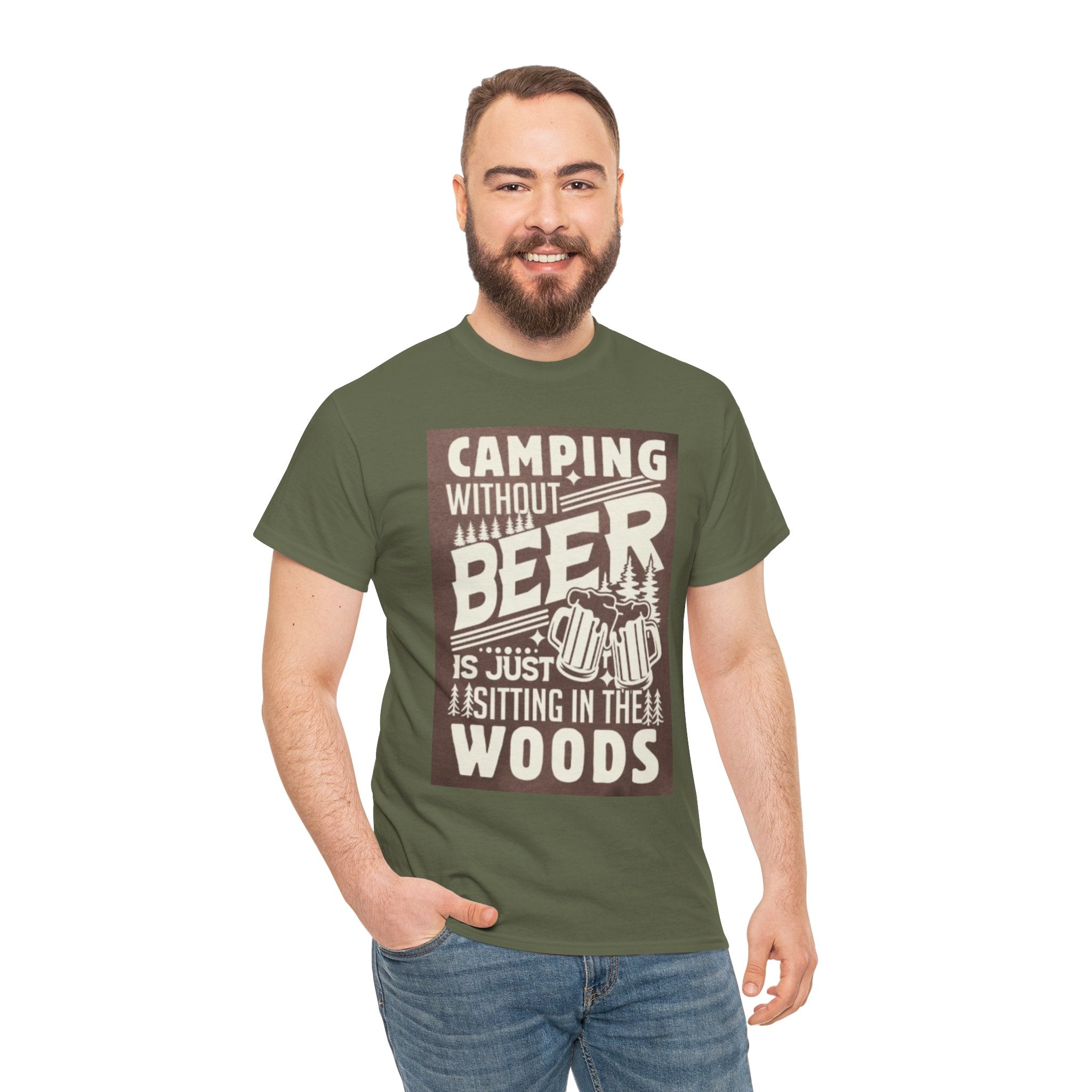 Camping Beer T-Shirt — "Camping Without Beer Is Just Sitting in the Woods" Outdoor Campfire Tee