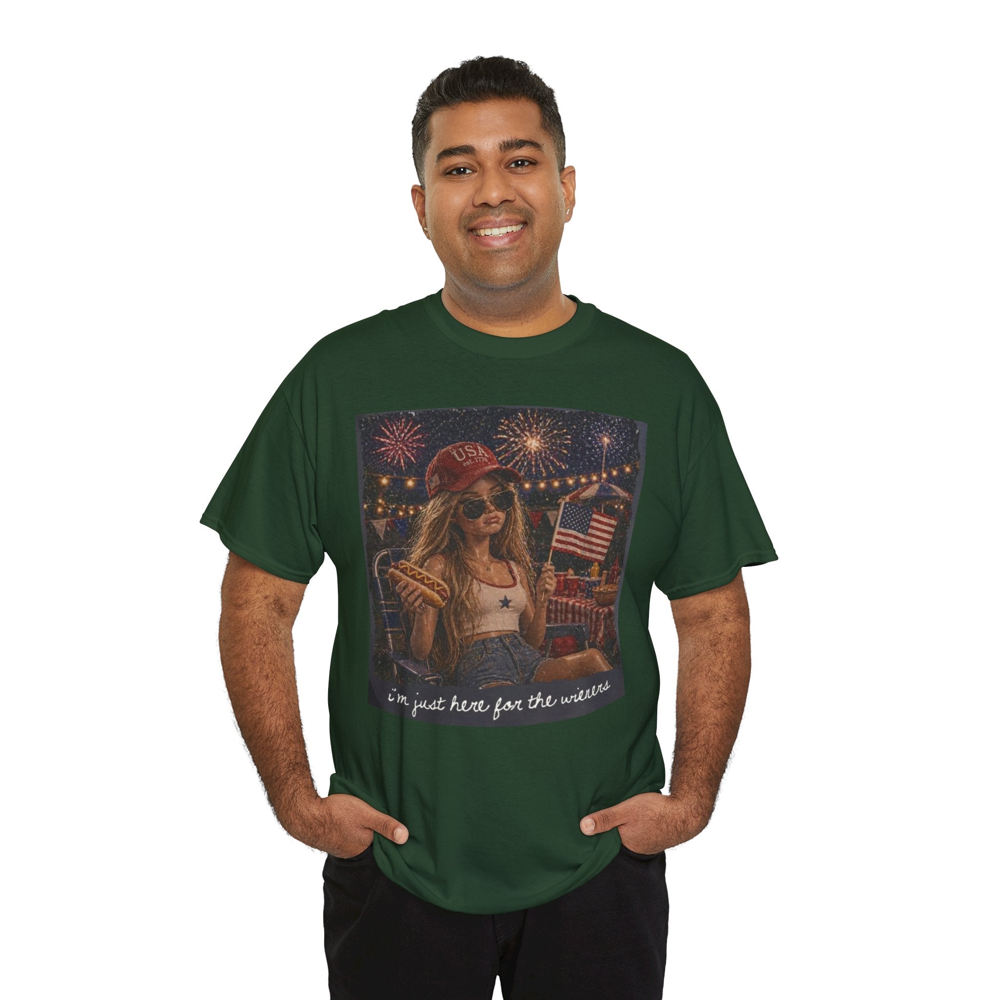 Patriotic Girl Graphic Tee — "I'm Just Here for the Fireworks" 4th of July Shirt