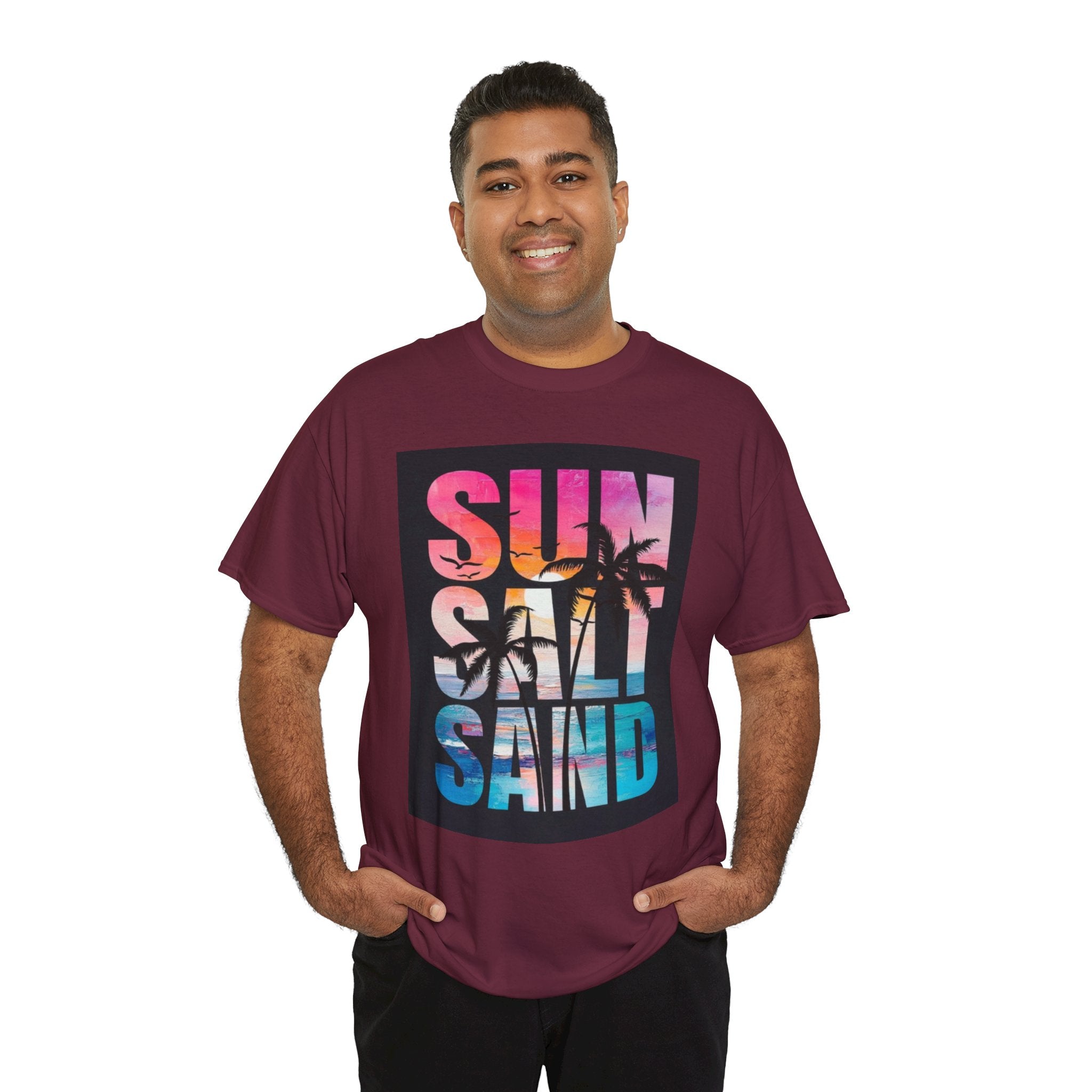 Sun Salt Sand Beach T-Shirt — Tropical Palm Sunset Graphic Tee