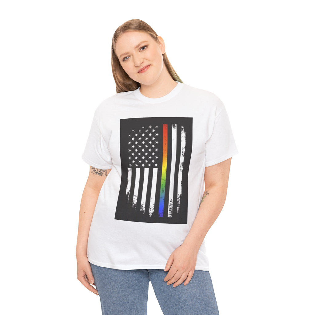 LGBTQ+ Pride Flag T‑Shirt — Distressed American Flag with Rainbow Stripe