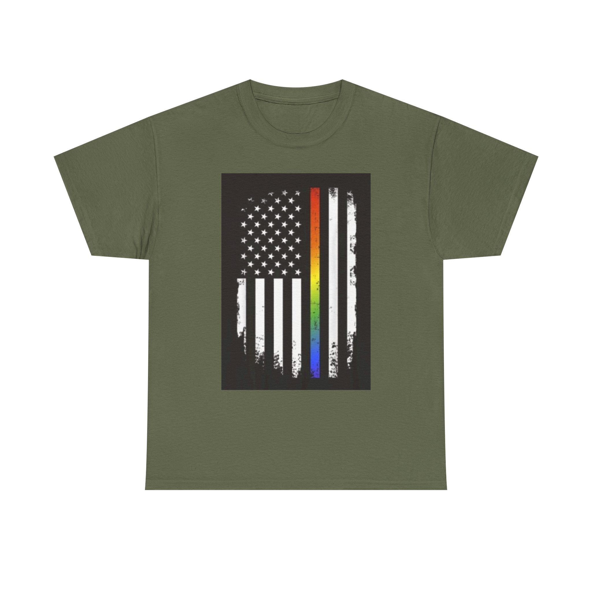 LGBTQ+ Pride Flag T‑Shirt — Distressed American Flag with Rainbow Stripe