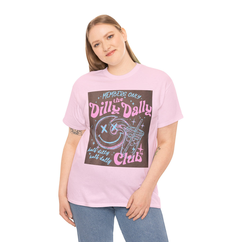Dilly Dally Club Graphic Tee — Retro Pastel Drink & Moon Design