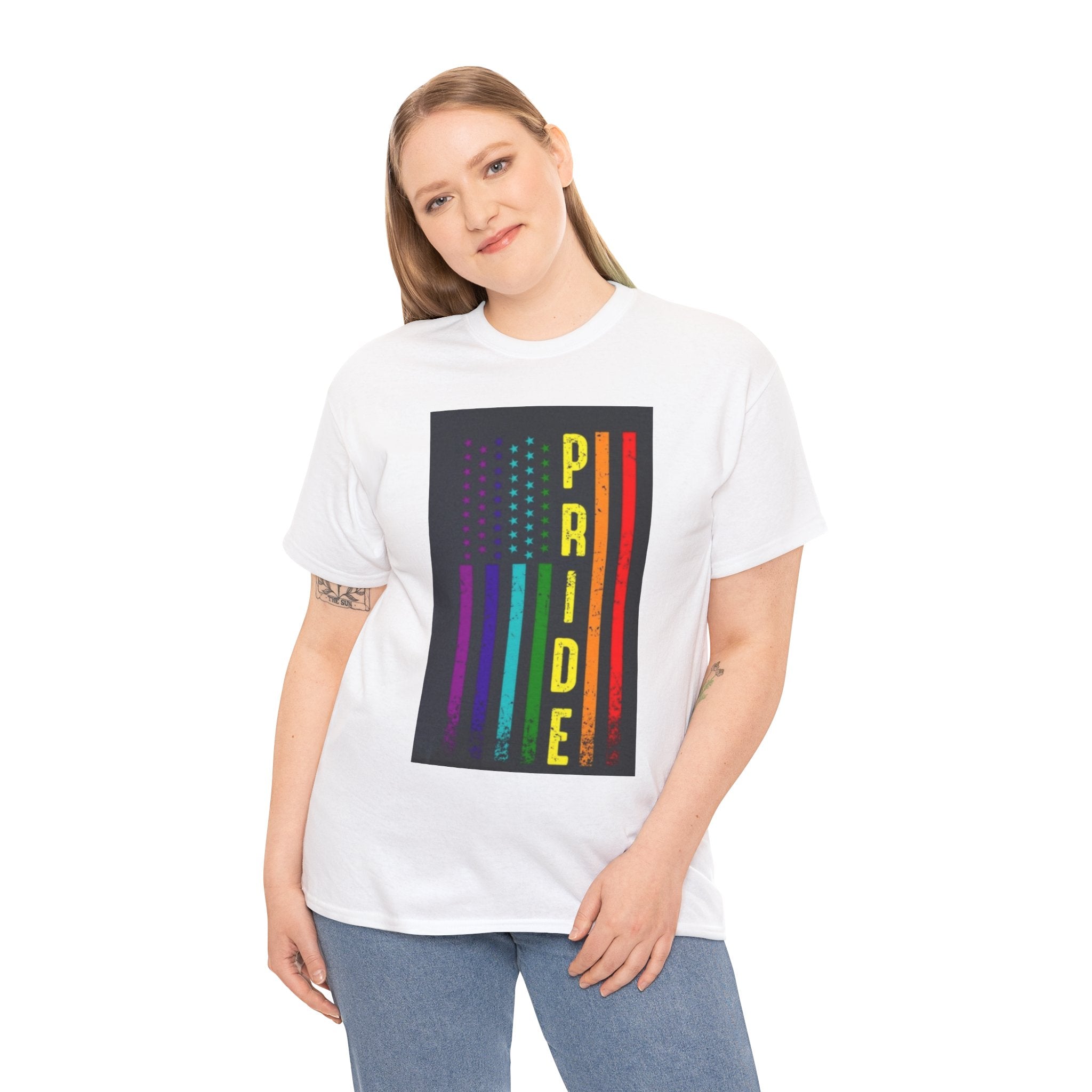 Pride Rainbow Flag Tee — Vertical "PRIDE" Graphic T-Shirt