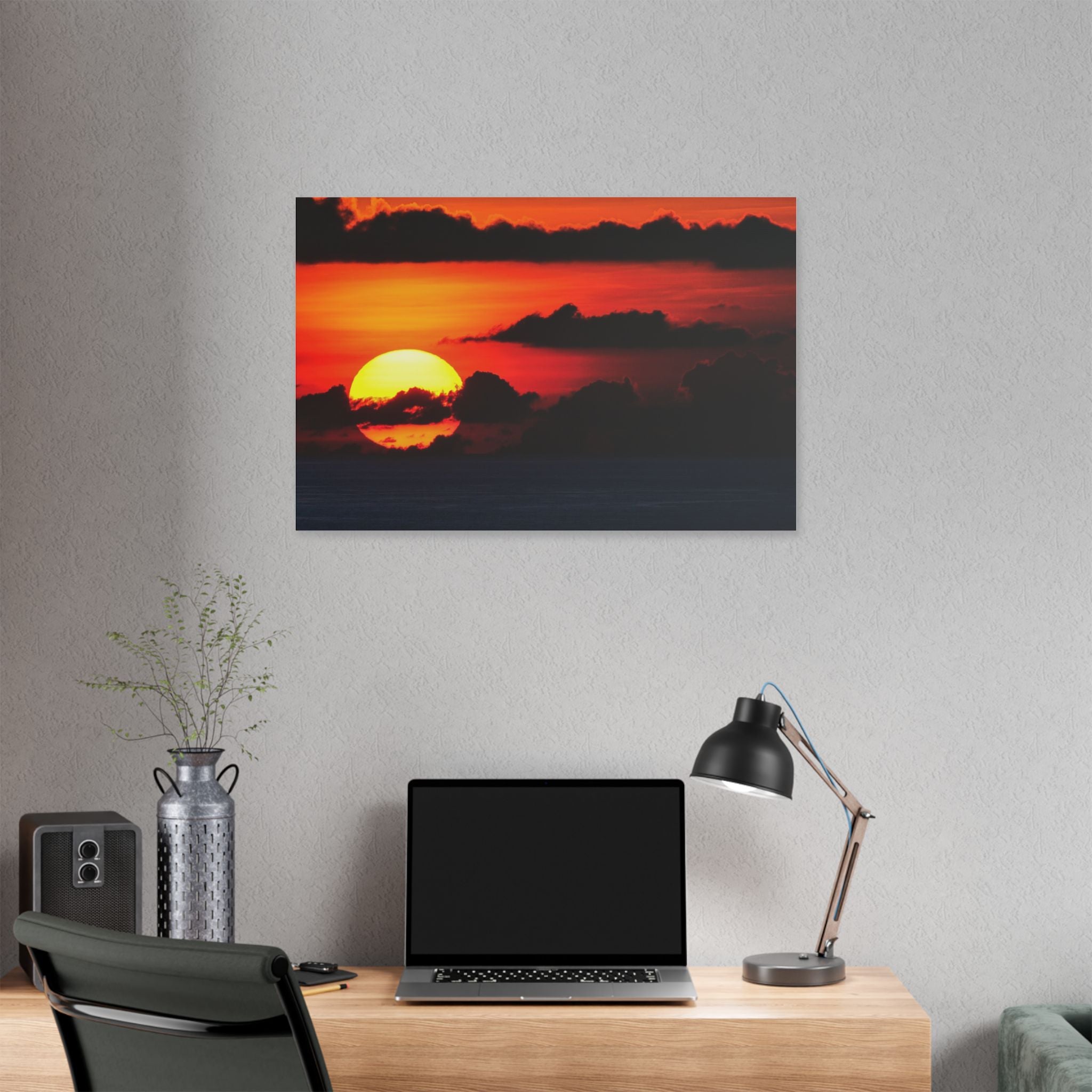 Sunset Ocean Canvas Print — Dramatic Red Sunset Wall Art