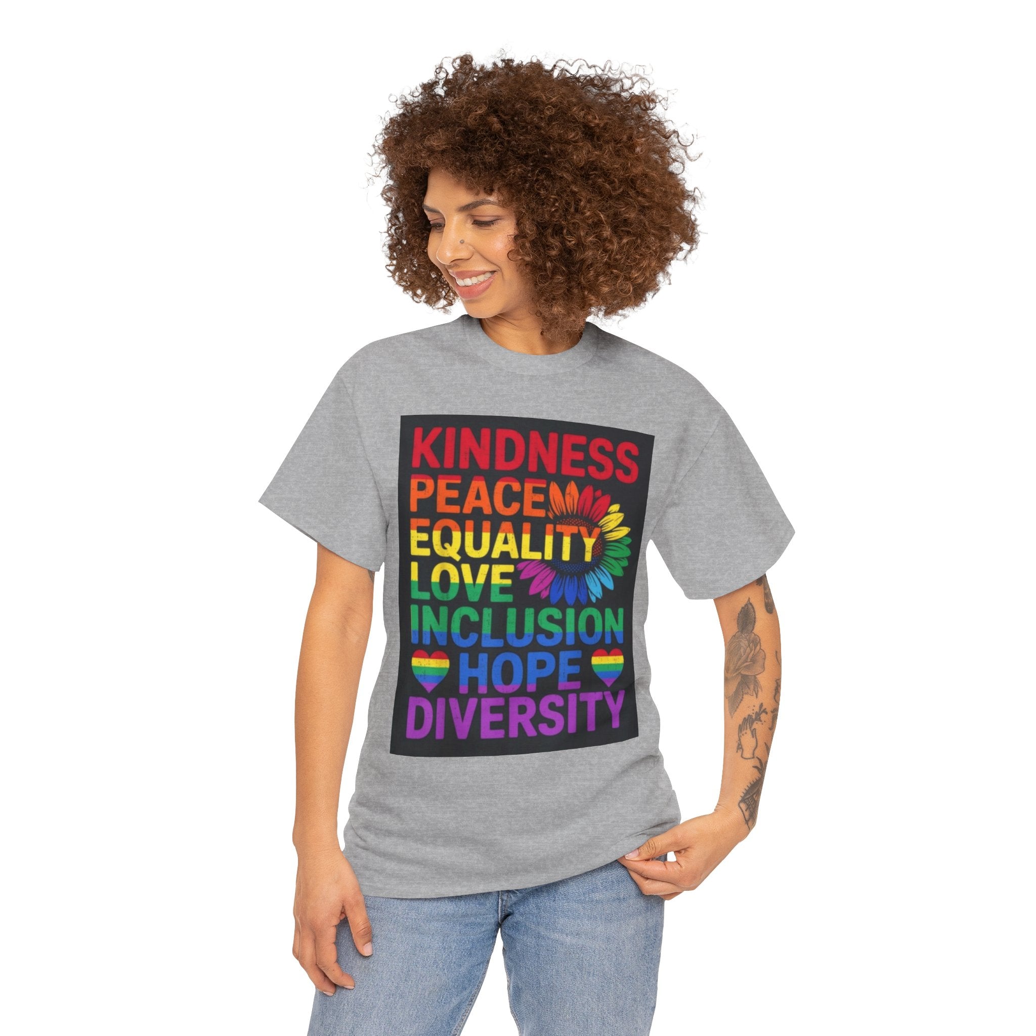 Kindness Peace Equality Rainbow T-Shirt — Pride Inclusion & Diversity Tee
