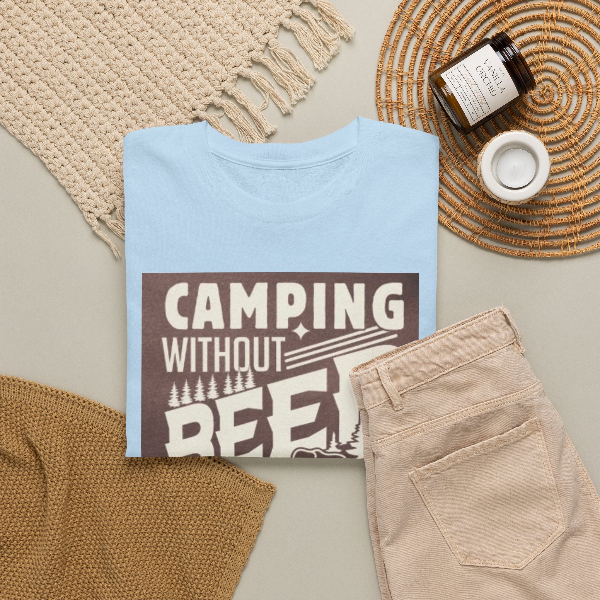 Camping Beer T-Shirt — "Camping Without Beer Is Just Sitting in the Woods" Outdoor Campfire Tee