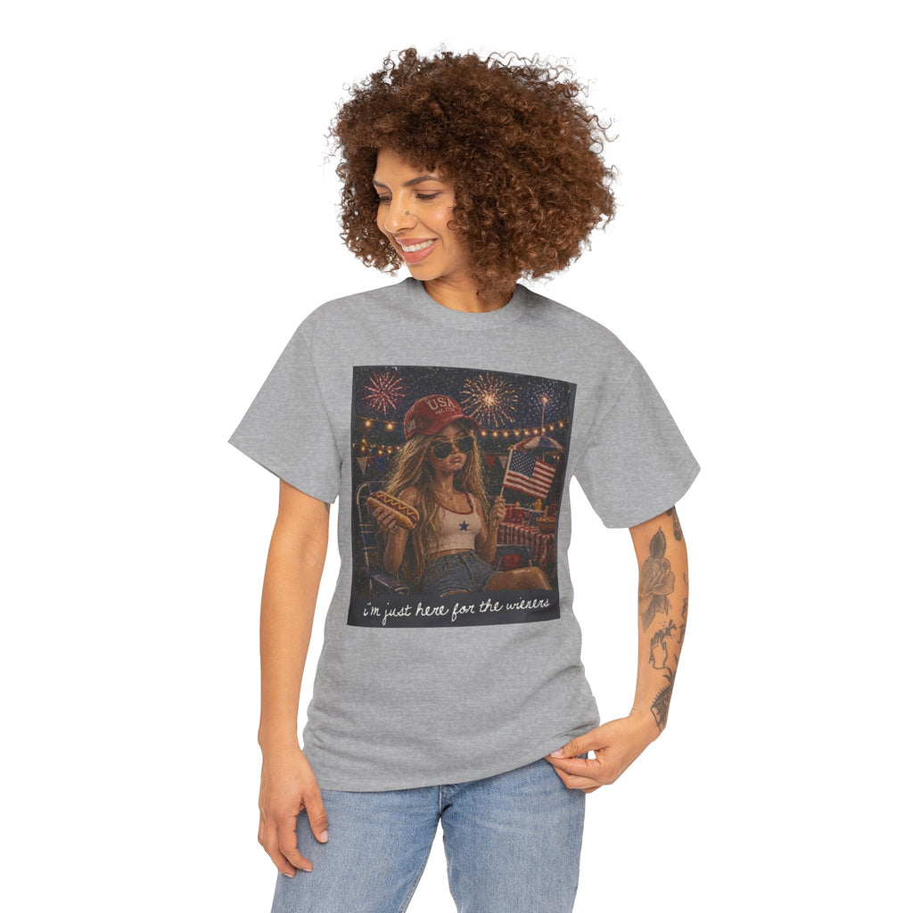 Patriotic Girl Graphic Tee — "I'm Just Here for the Fireworks" 4th of July Shirt