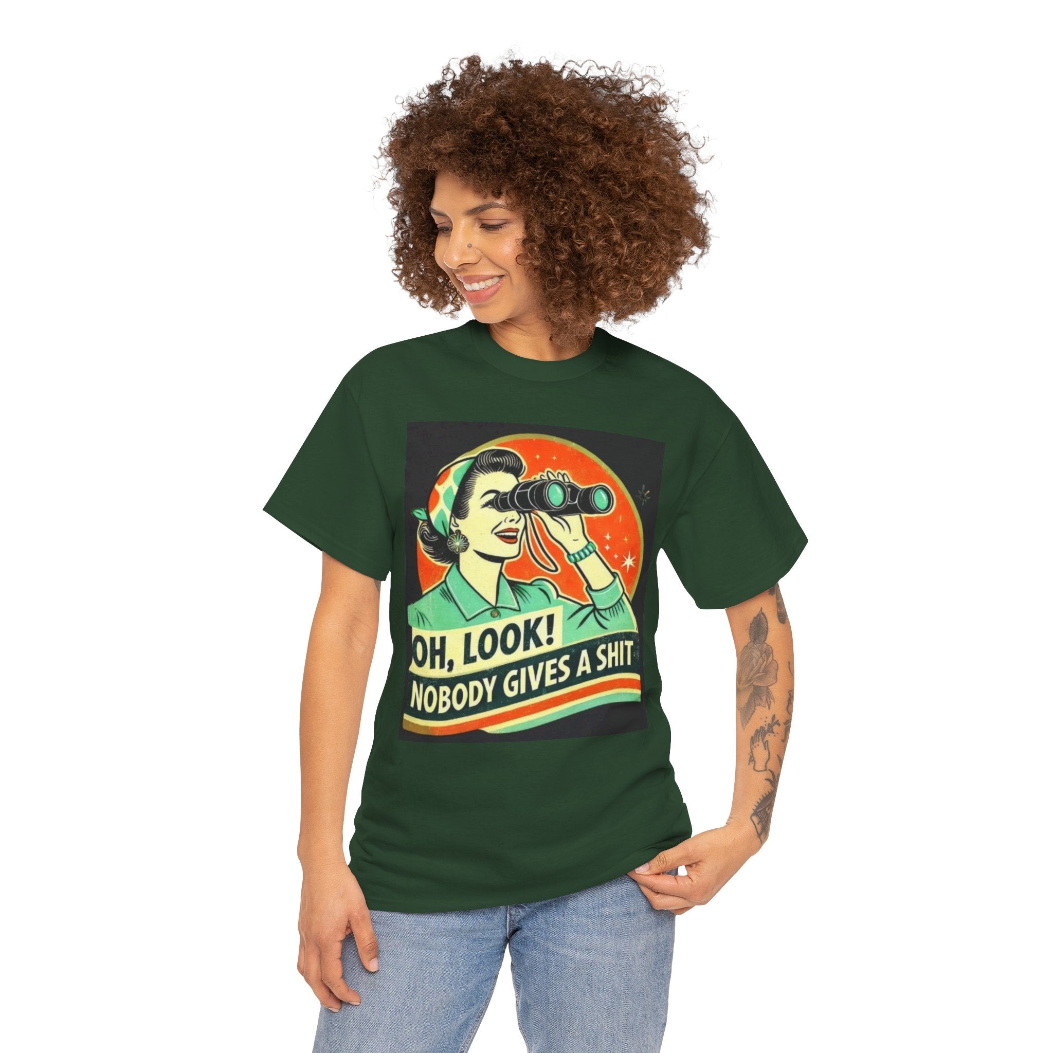 Graphic Tee — "Oh, Look! Nobody Gives a Shit" Retro Binoculars Design