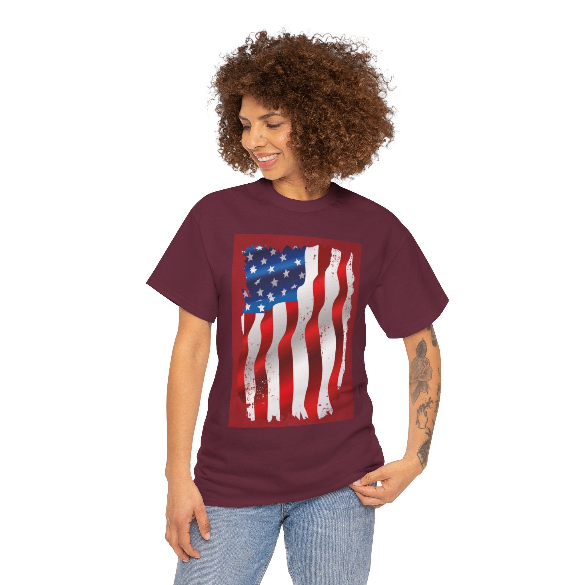 American Flag Graphic Tee — Distressed Wavy Stars & Stripes