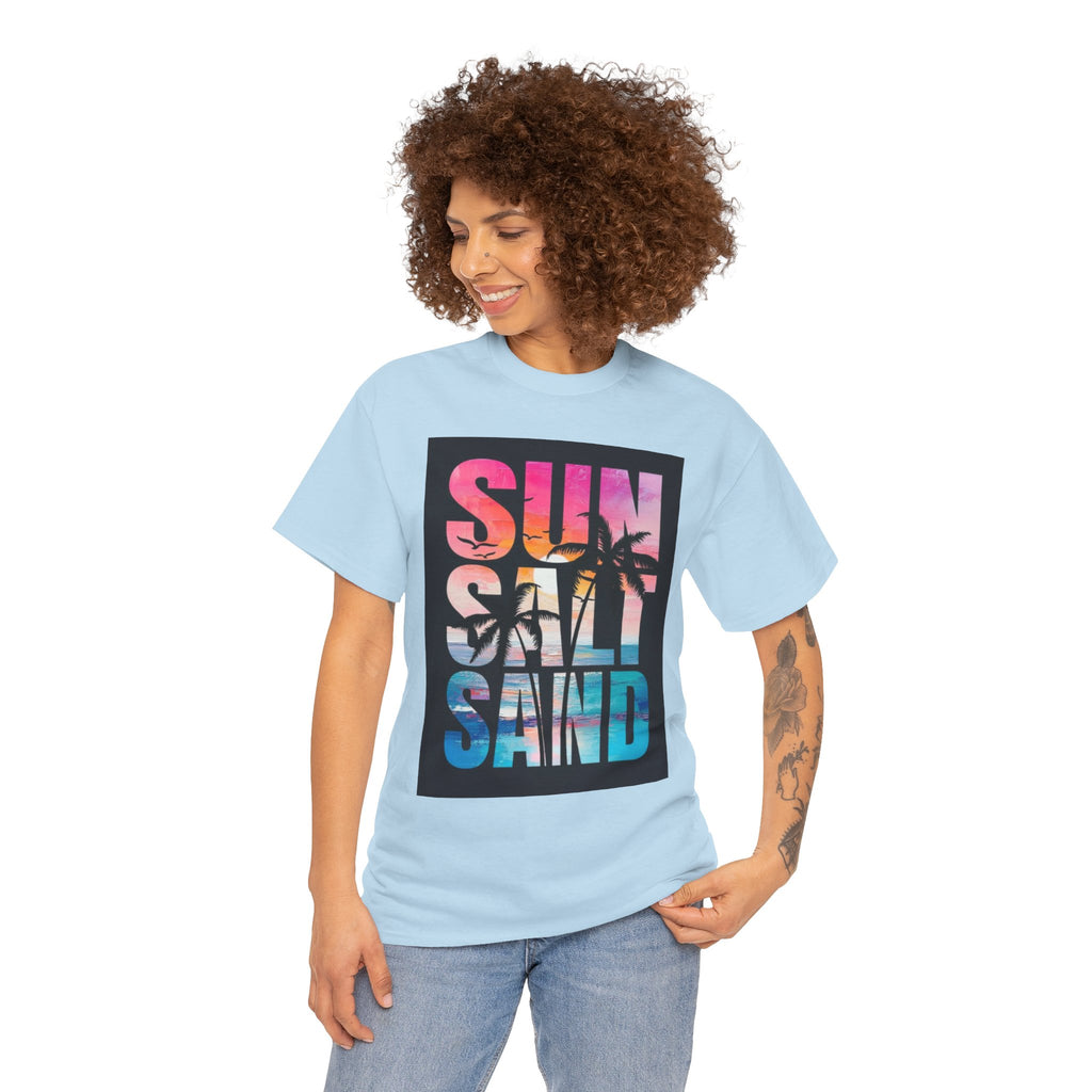Sun Salt Sand Beach T-Shirt — Tropical Palm Sunset Graphic Tee