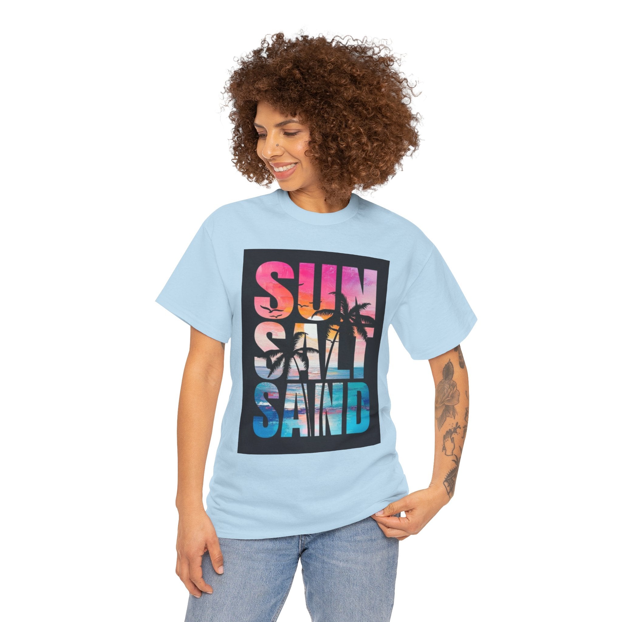 Sun Salt Sand Beach T-Shirt — Tropical Palm Sunset Graphic Tee