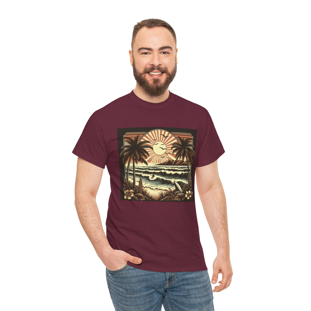 Retro Tropical Beach T-Shirt — Vintage Palm Sunset Graphic Tee