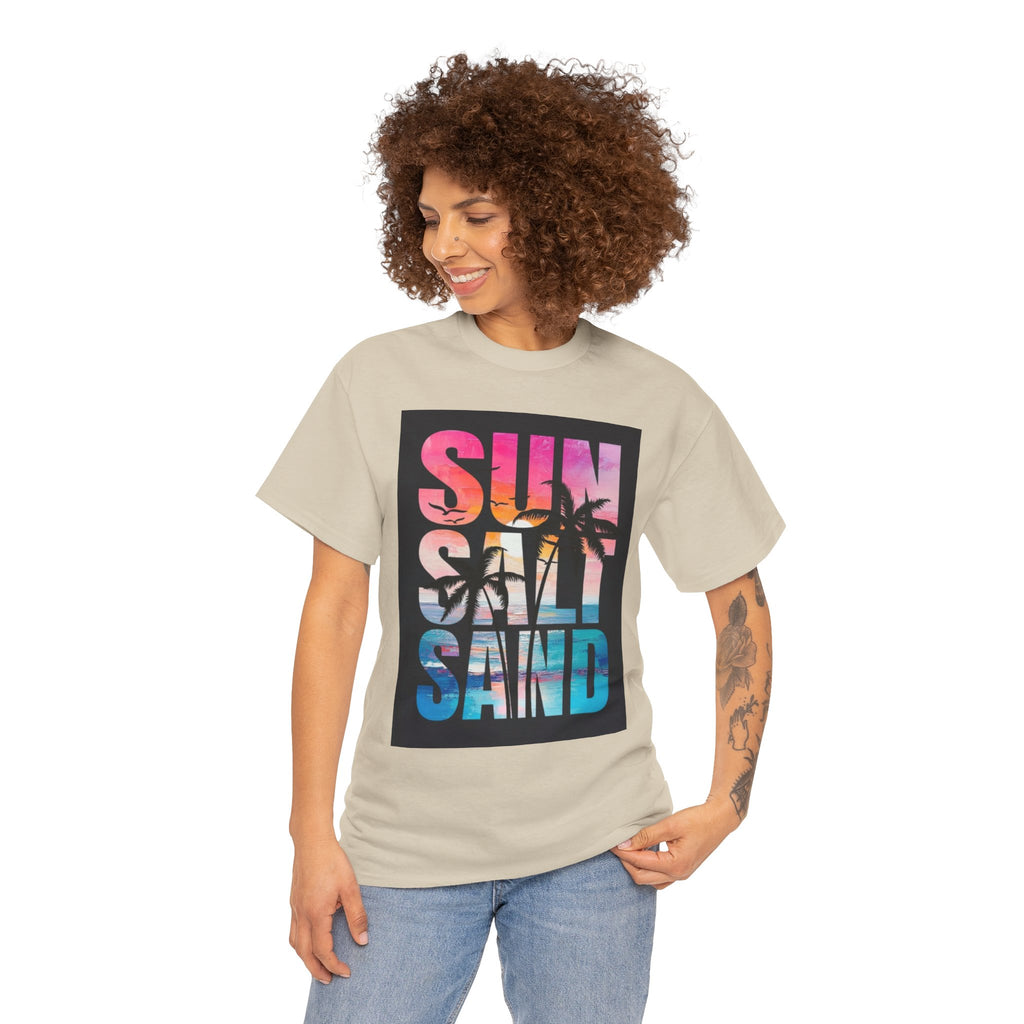 Sun Salt Sand Beach T-Shirt — Tropical Palm Sunset Graphic Tee