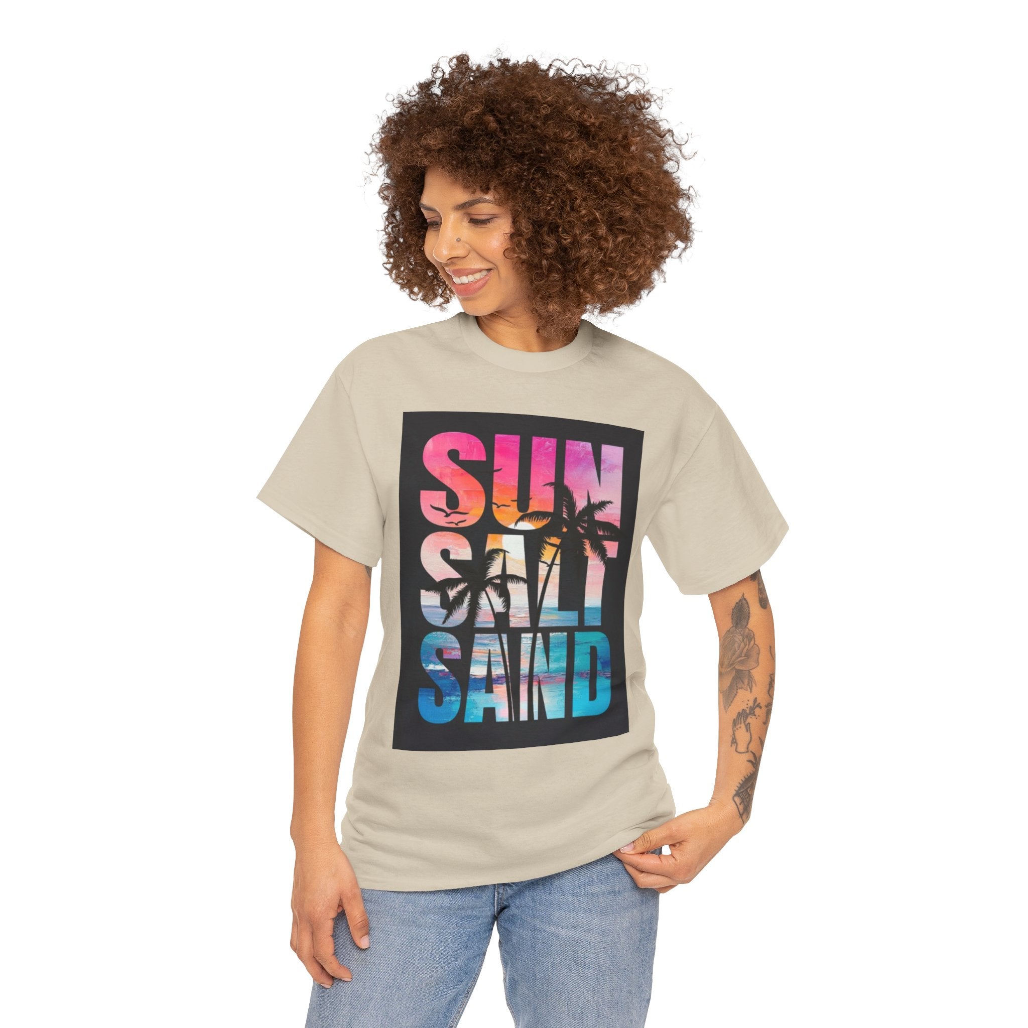 Sun Salt Sand Beach T-Shirt — Tropical Palm Sunset Graphic Tee