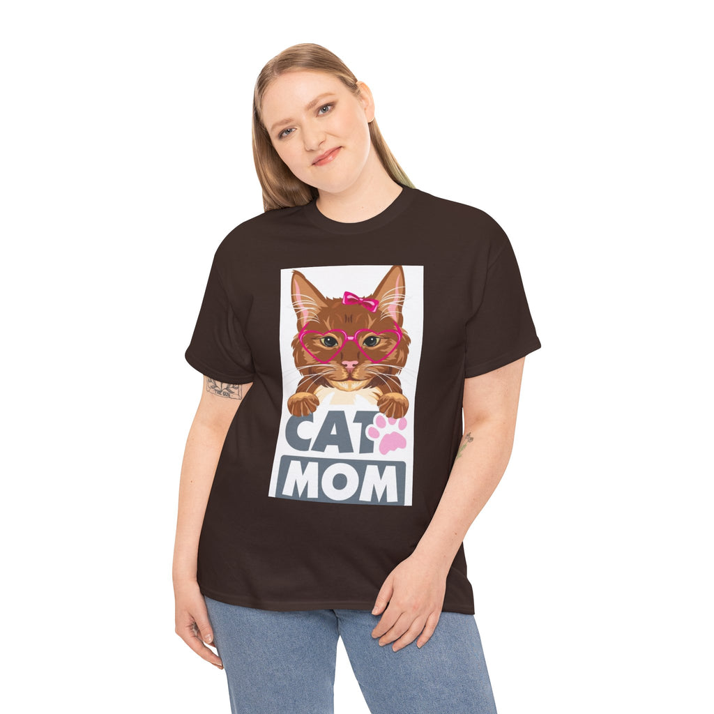 Cat Mom T-Shirt — Cute Cat Face Graphic Tee with "CAT MOM" Paw Print