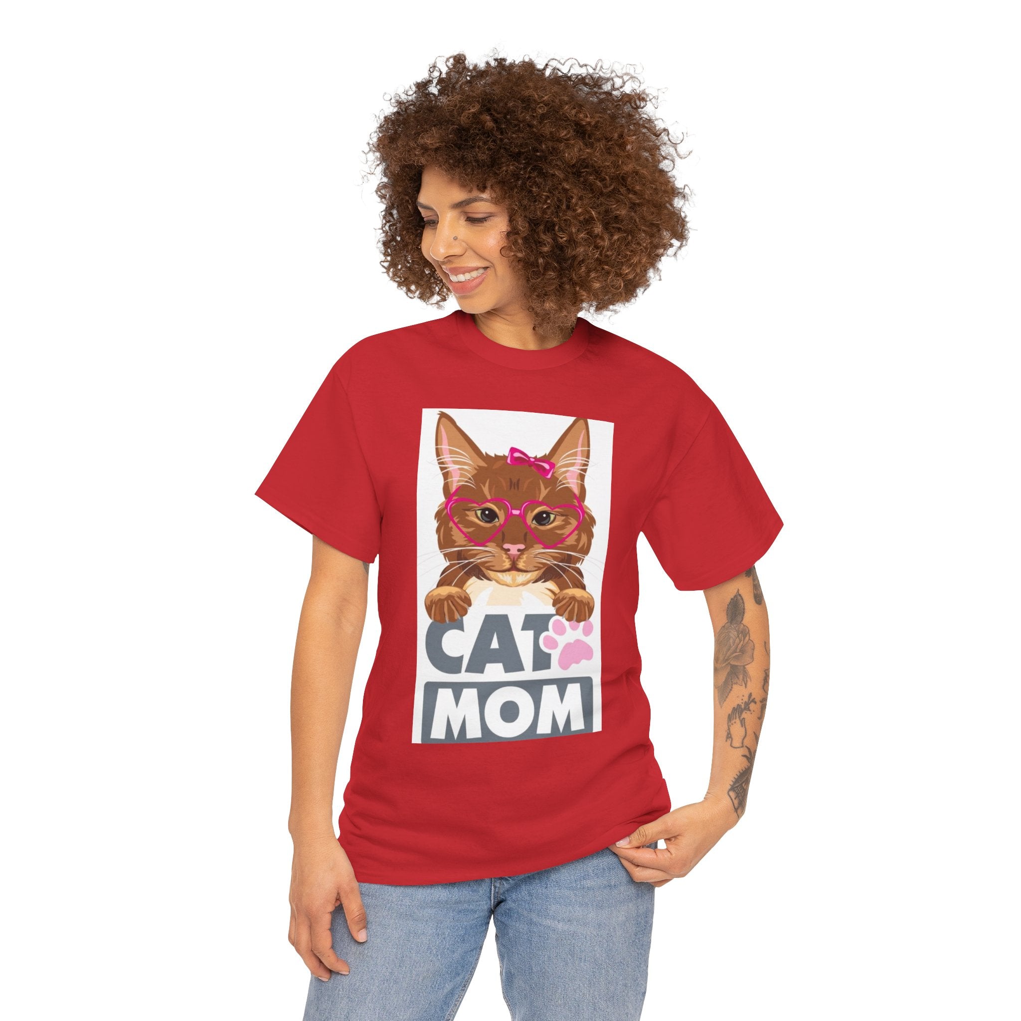Cat Mom T-Shirt — Cute Cat Face Graphic Tee with "CAT MOM" Paw Print