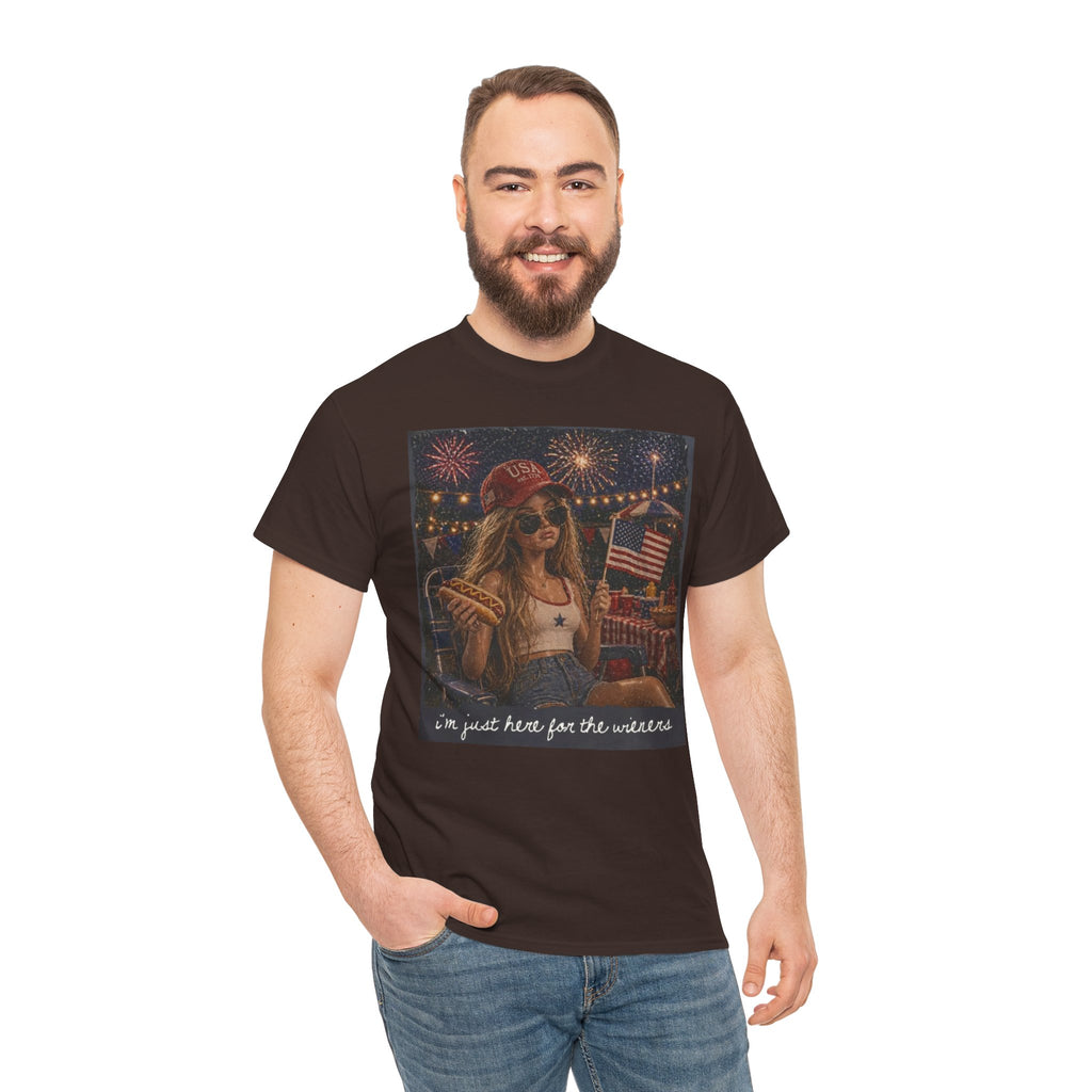 Patriotic Girl Graphic Tee — "I'm Just Here for the Fireworks" 4th of July Shirt