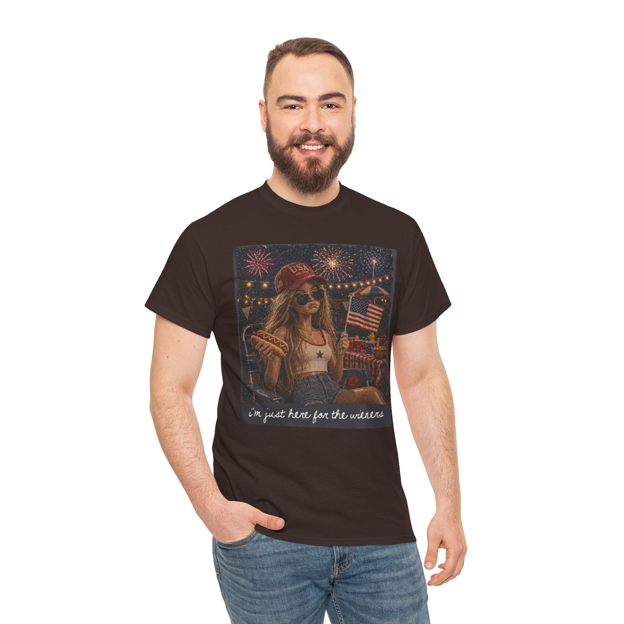Patriotic Girl Graphic Tee — "I'm Just Here for the Fireworks" 4th of July Shirt