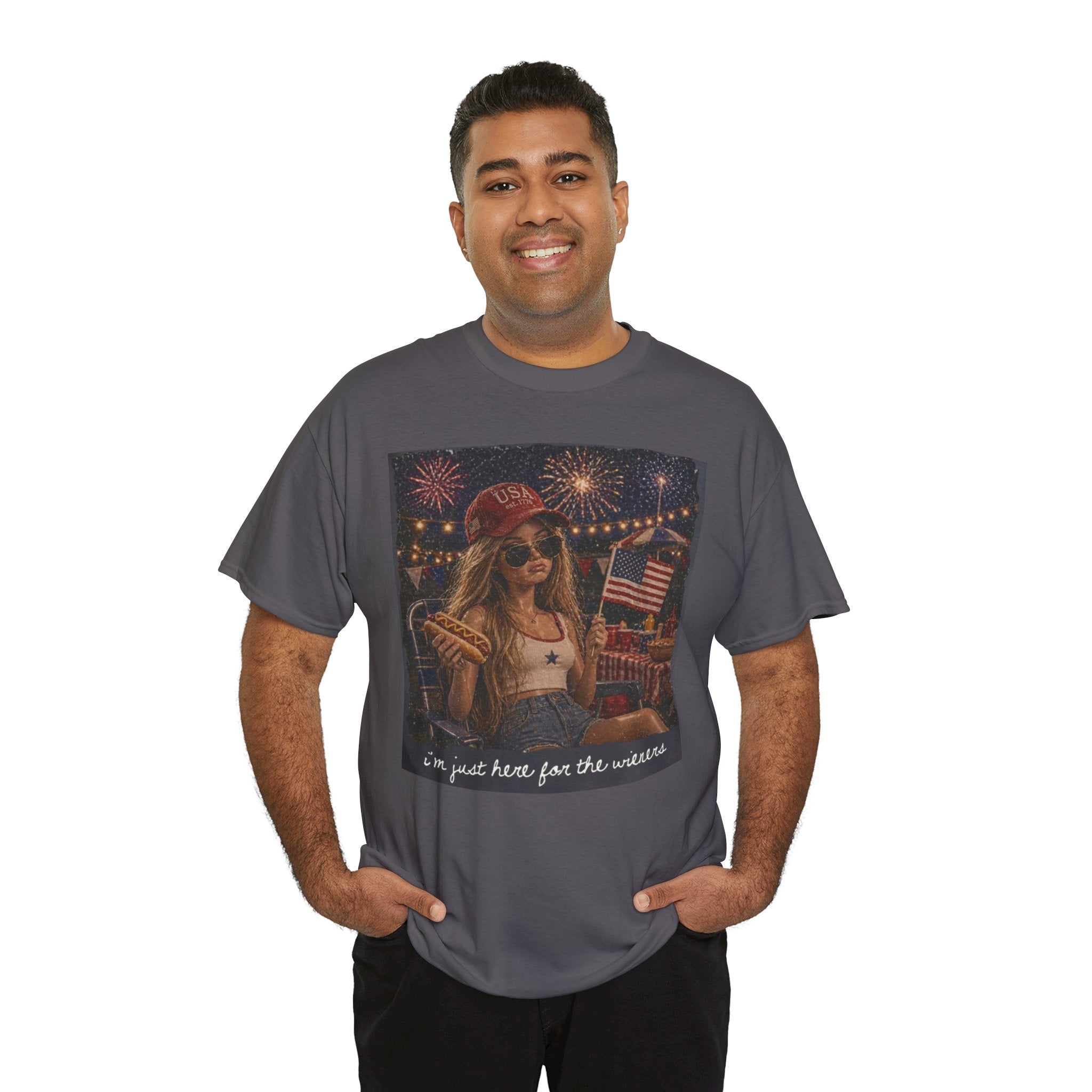 Patriotic Girl Graphic Tee — "I'm Just Here for the Fireworks" 4th of July Shirt