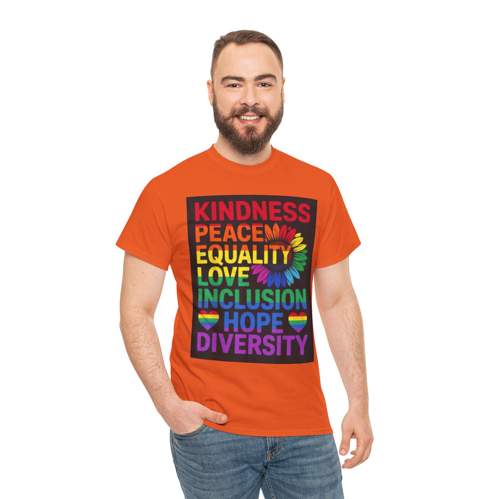 Kindness Peace Equality Rainbow T-Shirt — Pride Inclusion & Diversity Tee