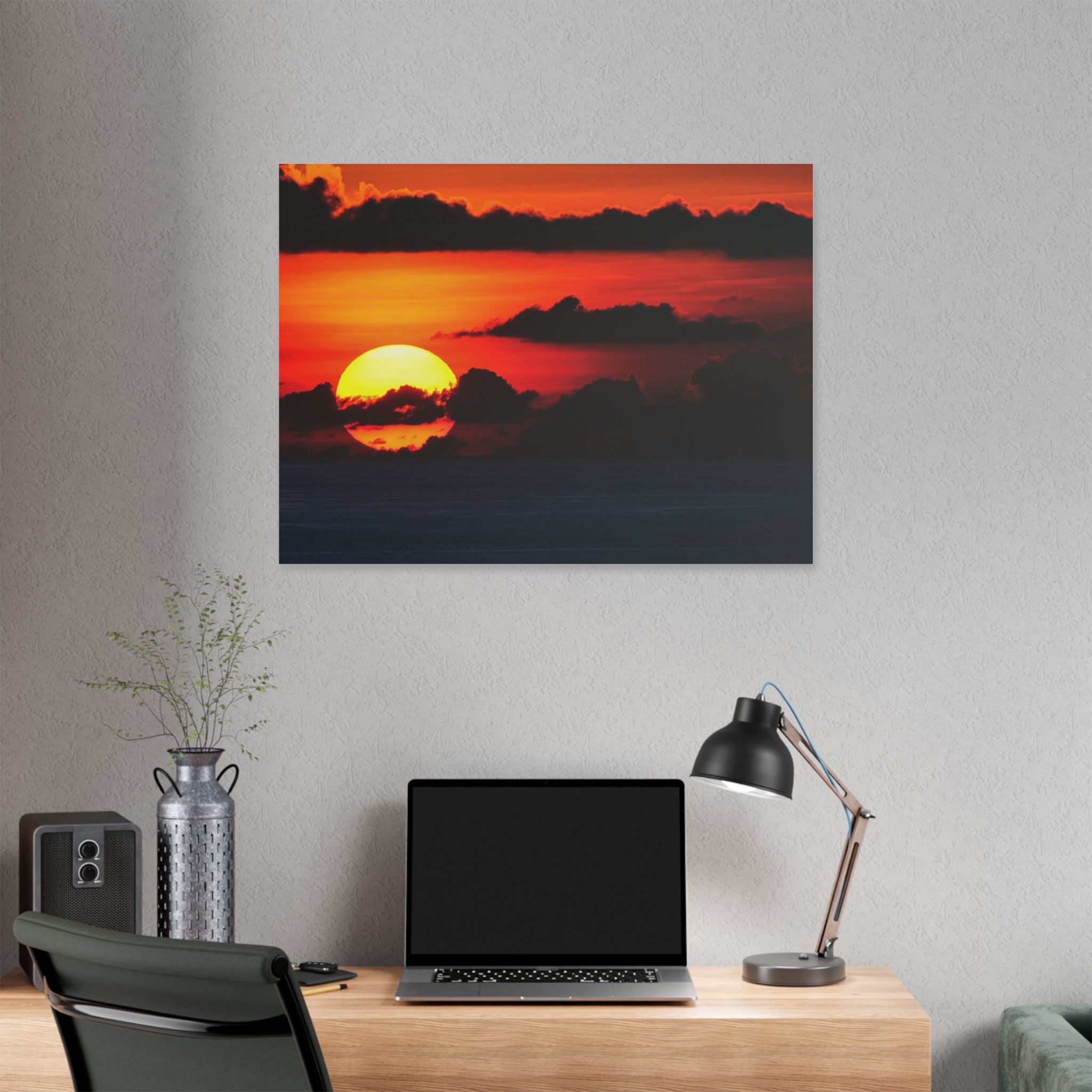 Sunset Ocean Canvas Print — Dramatic Red Sunset Wall Art