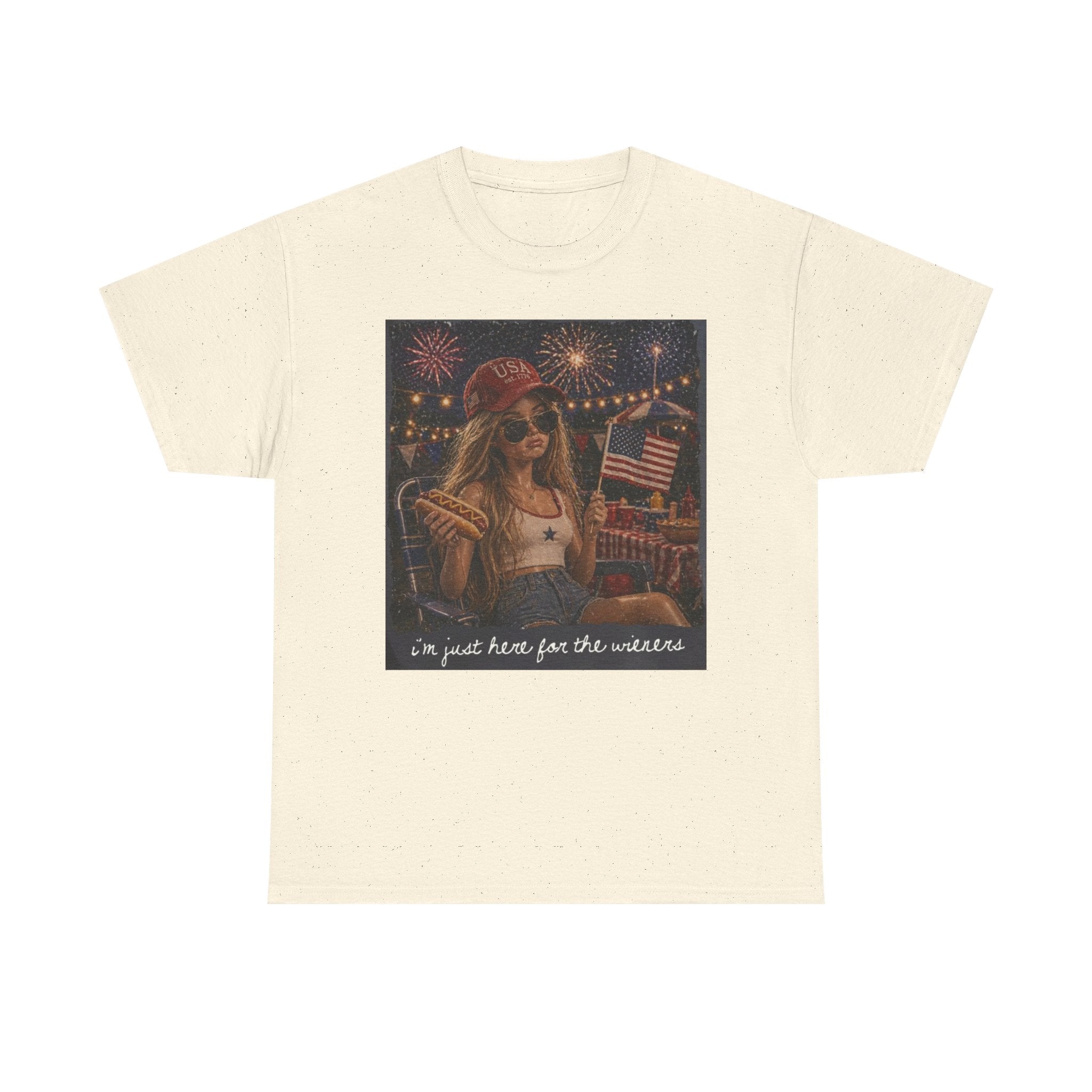 Patriotic Girl Graphic Tee — "I'm Just Here for the Fireworks" 4th of July Shirt