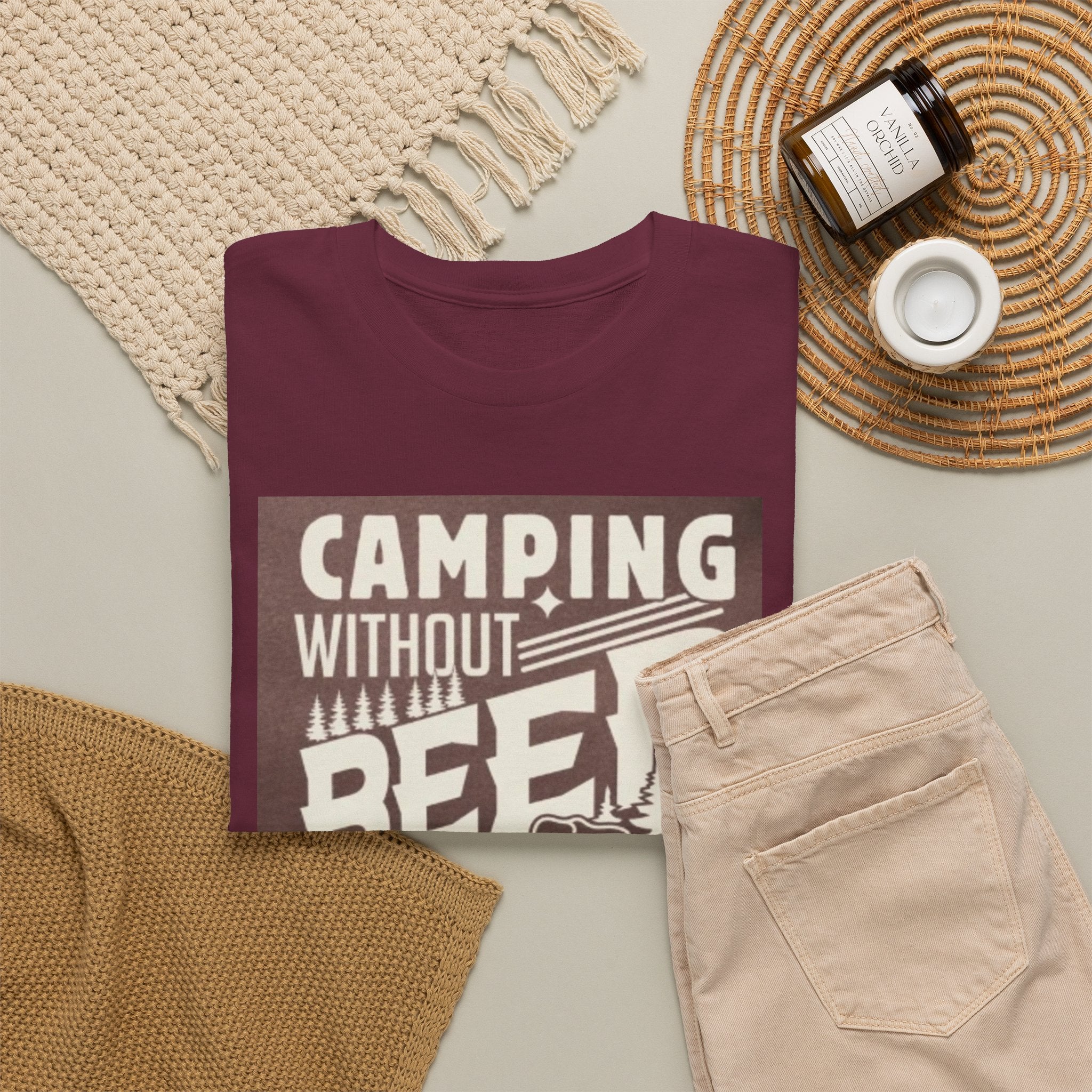 Camping Beer T-Shirt — "Camping Without Beer Is Just Sitting in the Woods" Outdoor Campfire Tee