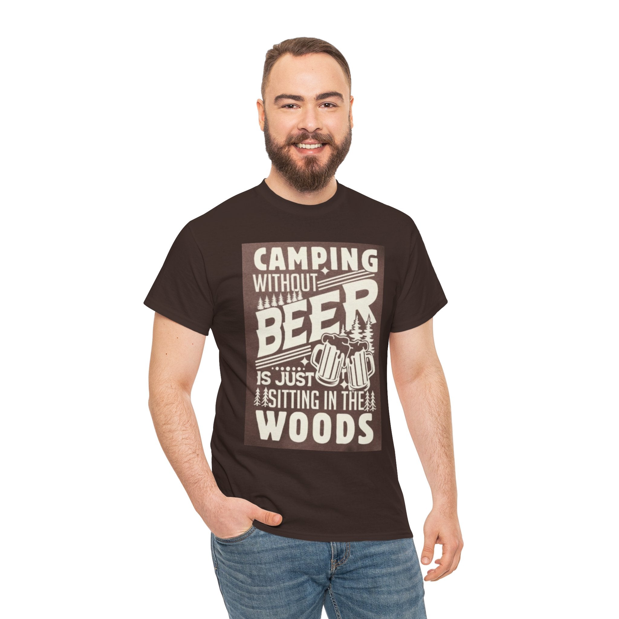 Camping Beer T-Shirt — "Camping Without Beer Is Just Sitting in the Woods" Outdoor Campfire Tee