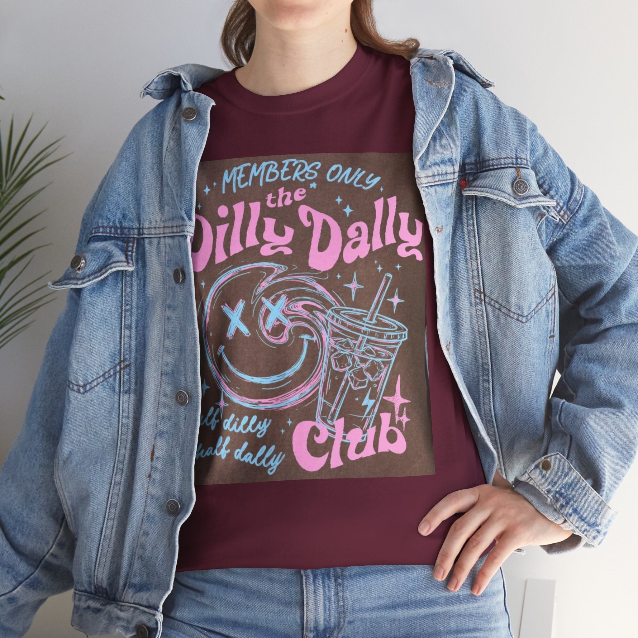 Dilly Dally Club Graphic Tee — Retro Pastel Drink & Moon Design