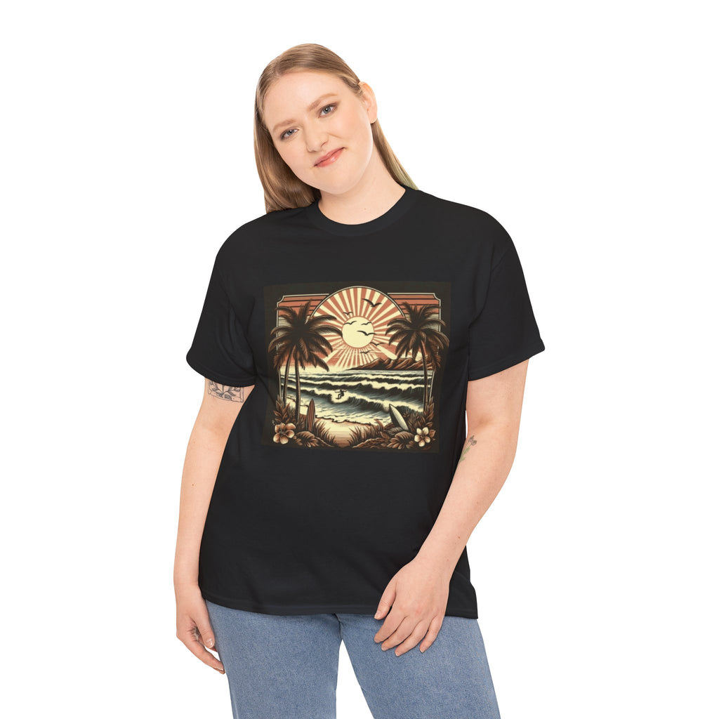 Retro Tropical Beach T-Shirt — Vintage Palm Sunset Graphic Tee