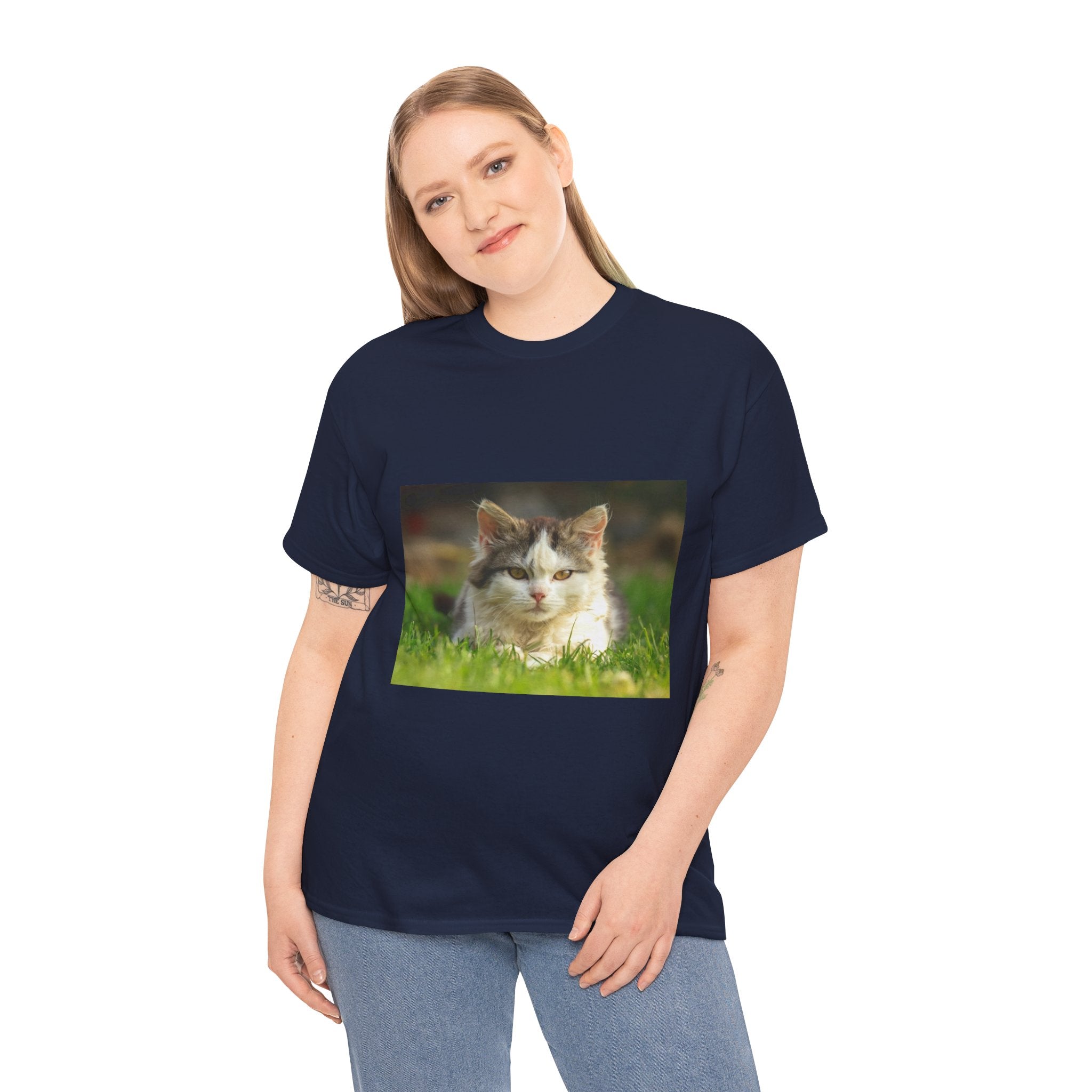 Cat Photo Tee — Relaxed Cat Lying in Grass T-Shirt