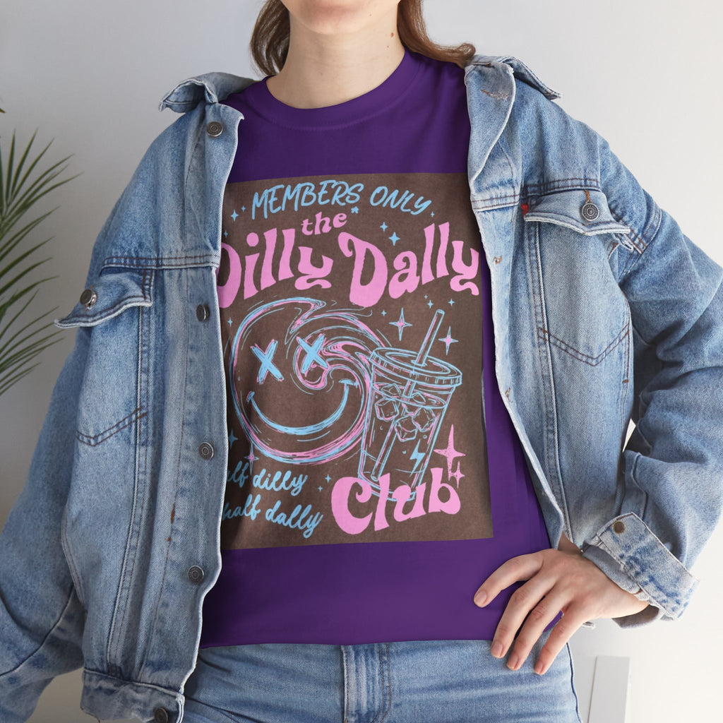 Dilly Dally Club Graphic Tee — Retro Pastel Drink & Moon Design