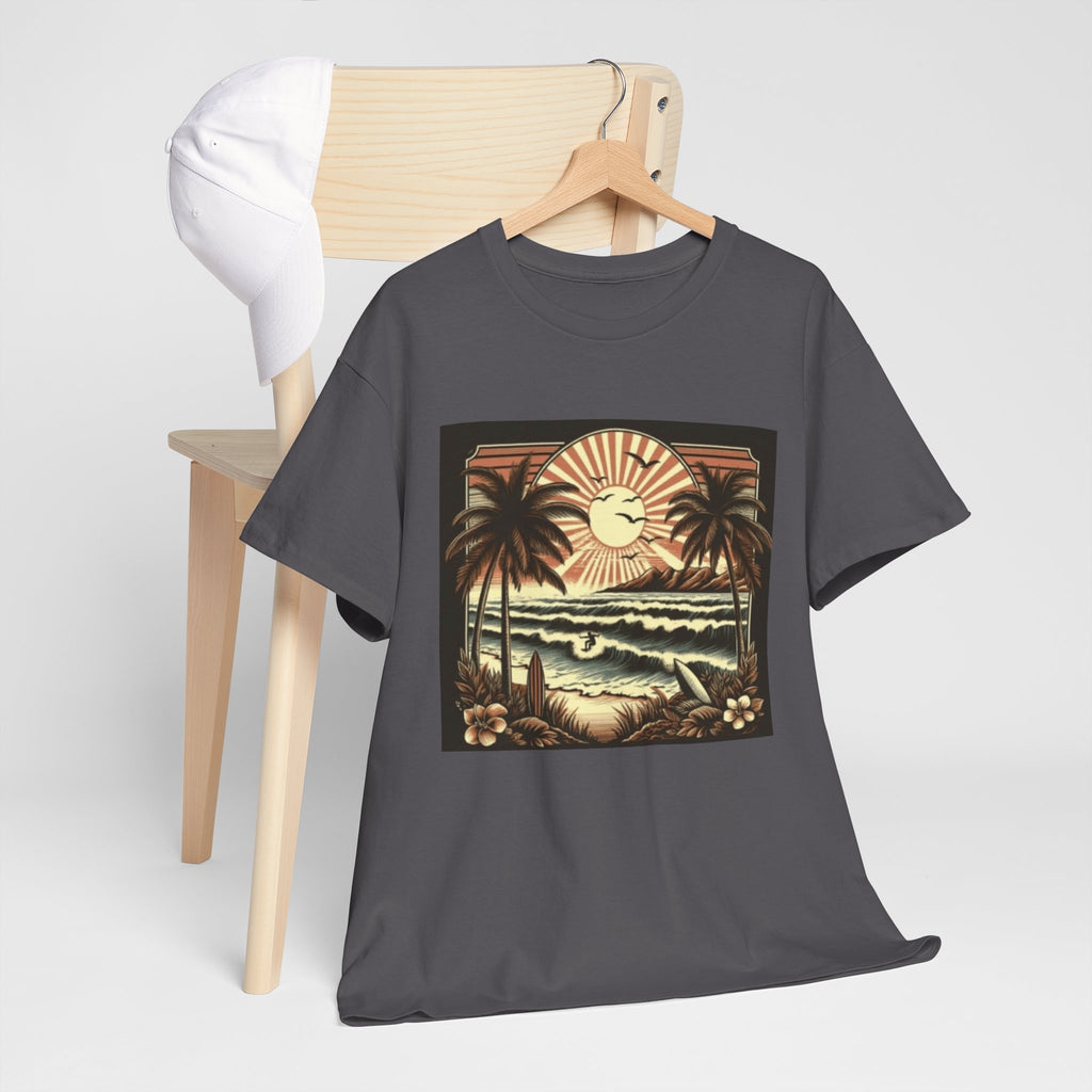 Retro Tropical Beach T-Shirt — Vintage Palm Sunset Graphic Tee
