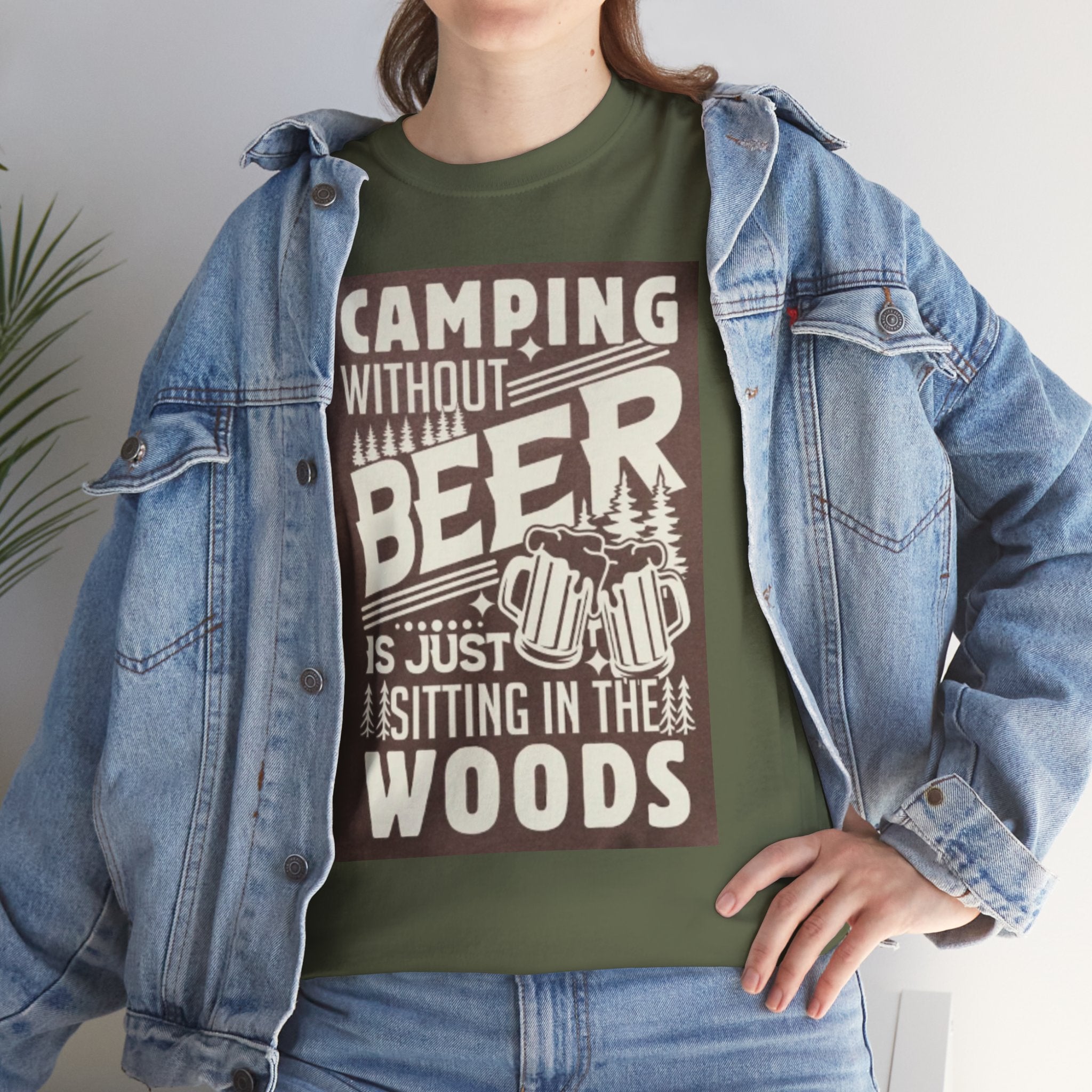 Camping Beer T-Shirt — "Camping Without Beer Is Just Sitting in the Woods" Outdoor Campfire Tee