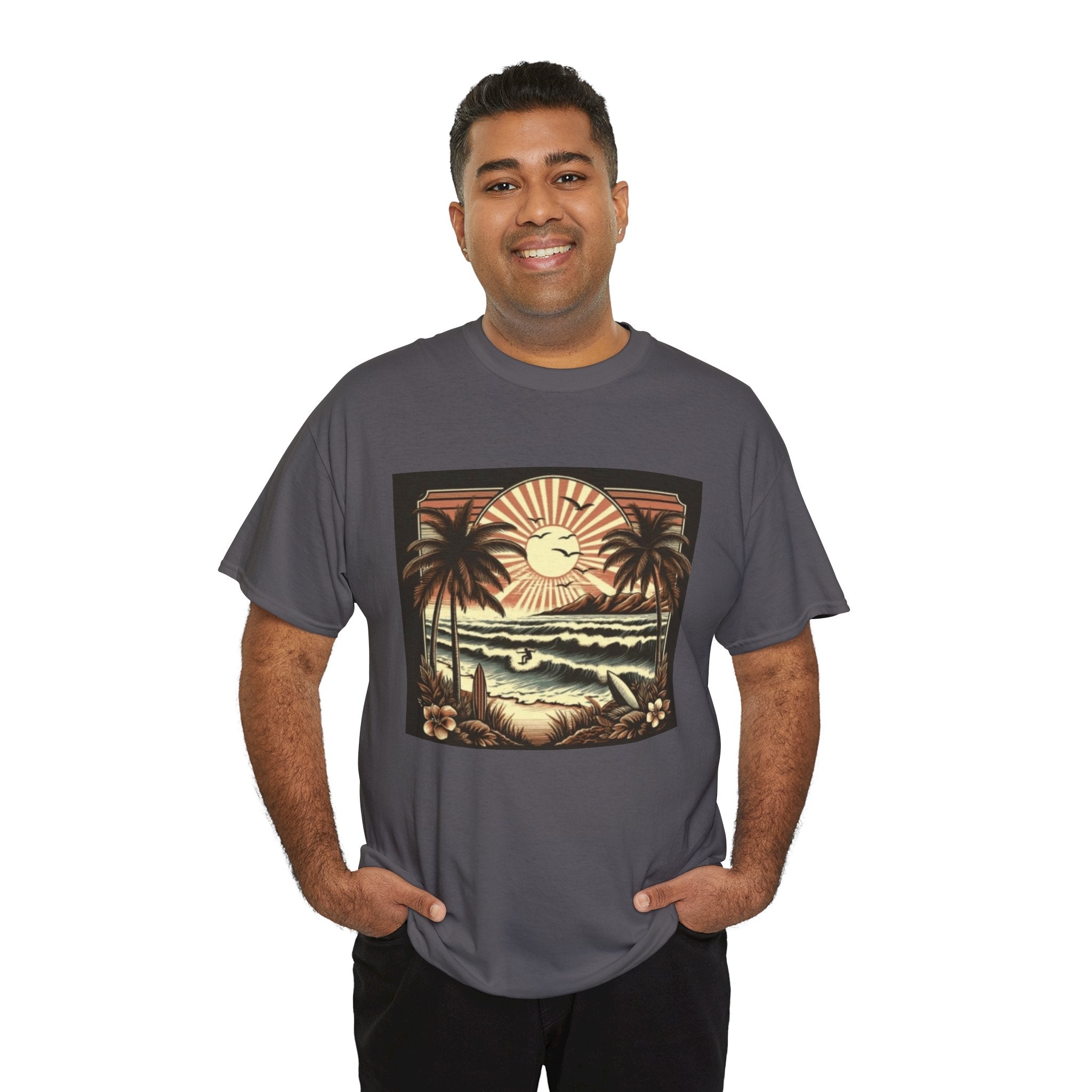 Retro Tropical Beach T-Shirt — Vintage Palm Sunset Graphic Tee