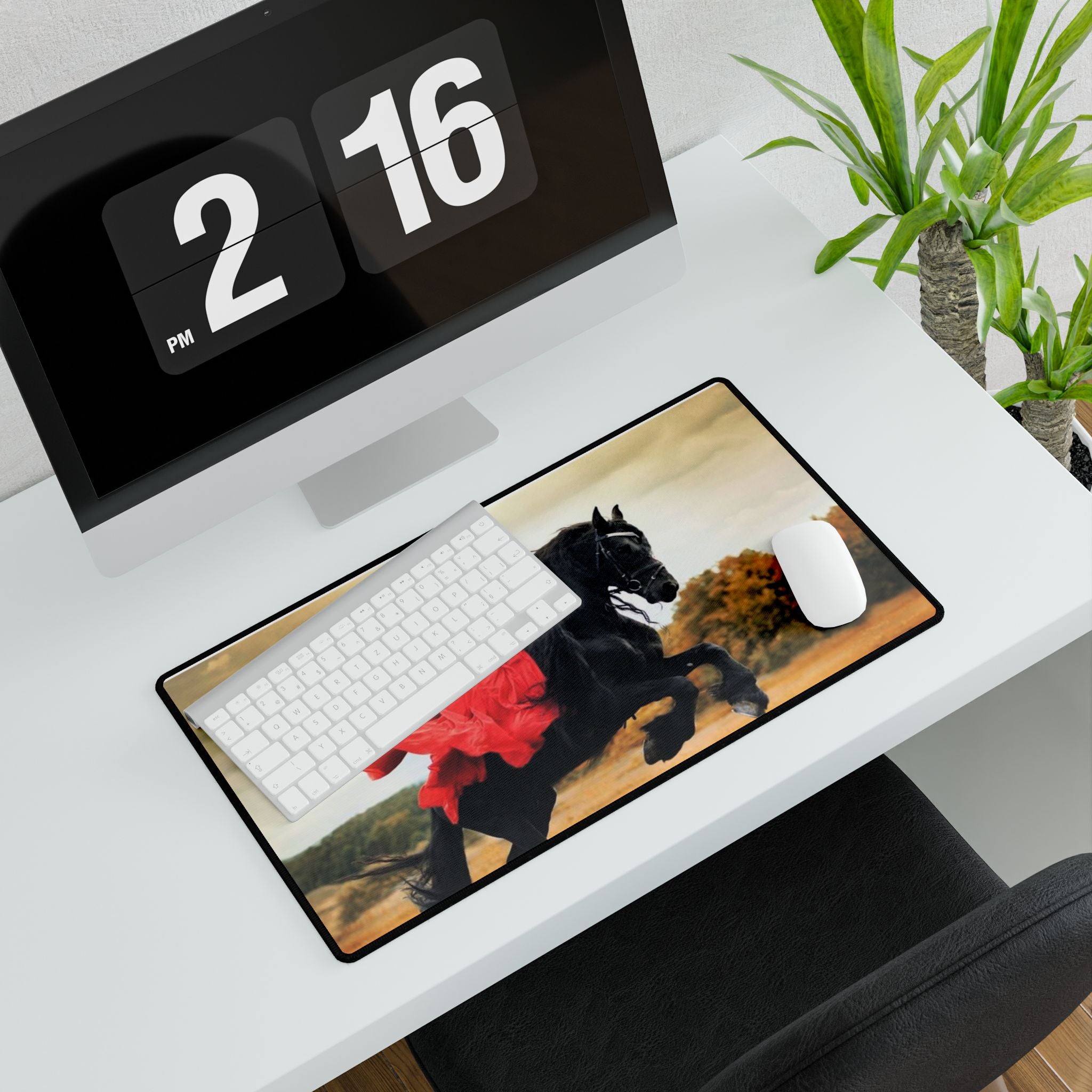 Equestrian Fantasy Desk Mat — Woman in Red on Black Stallion