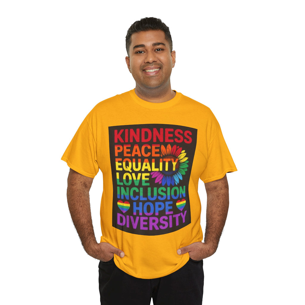 Kindness Peace Equality Rainbow T-Shirt — Pride Inclusion & Diversity Tee